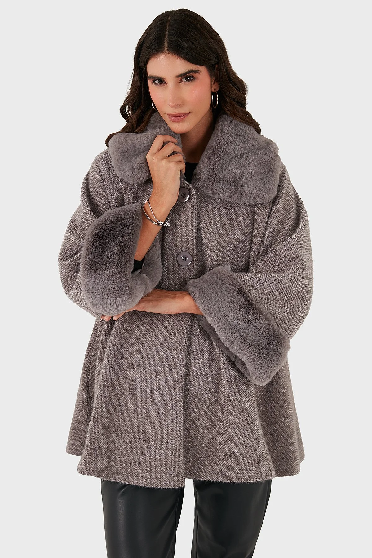 Via Dante Oversize Fit Ceket Yaka Düğmeli Kürk Kadın Mont 6858060 GRİ - 4