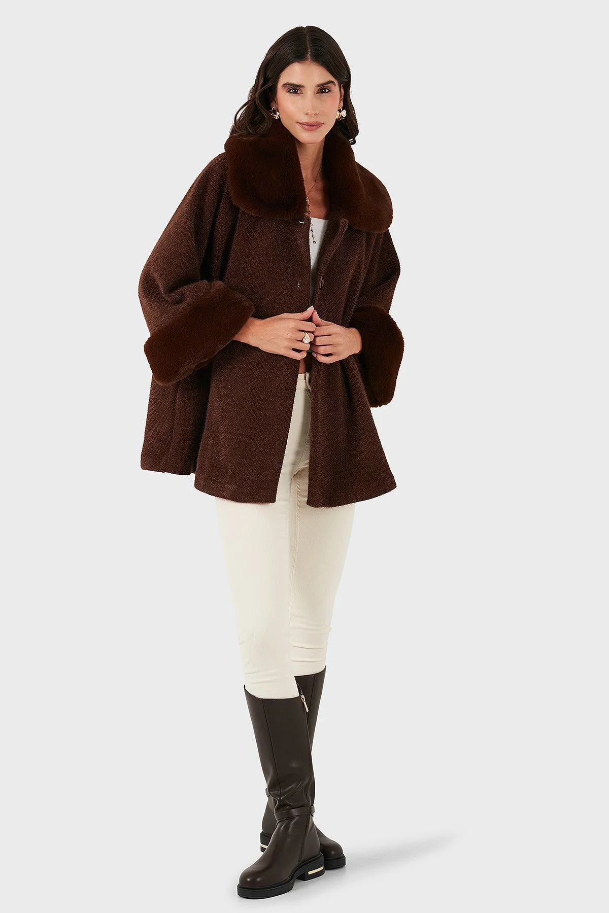 Via Dante Oversize Fit Ceket Yaka Düğmeli Kürk Bayan Mont 6858060 KAHVE - 1