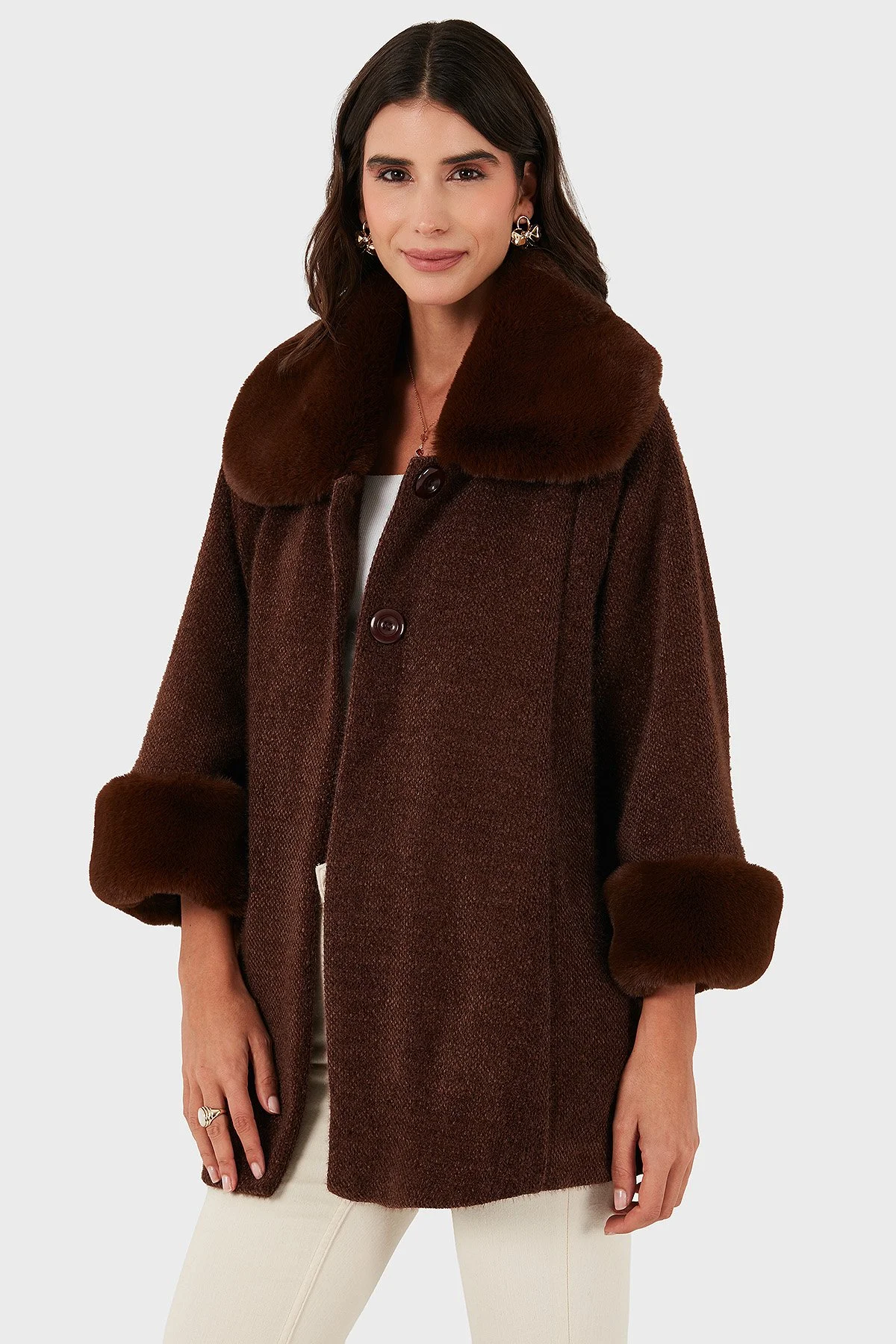 Via Dante Oversize Fit Ceket Yaka Düğmeli Kürk Bayan Mont 6858060 KAHVE - 2