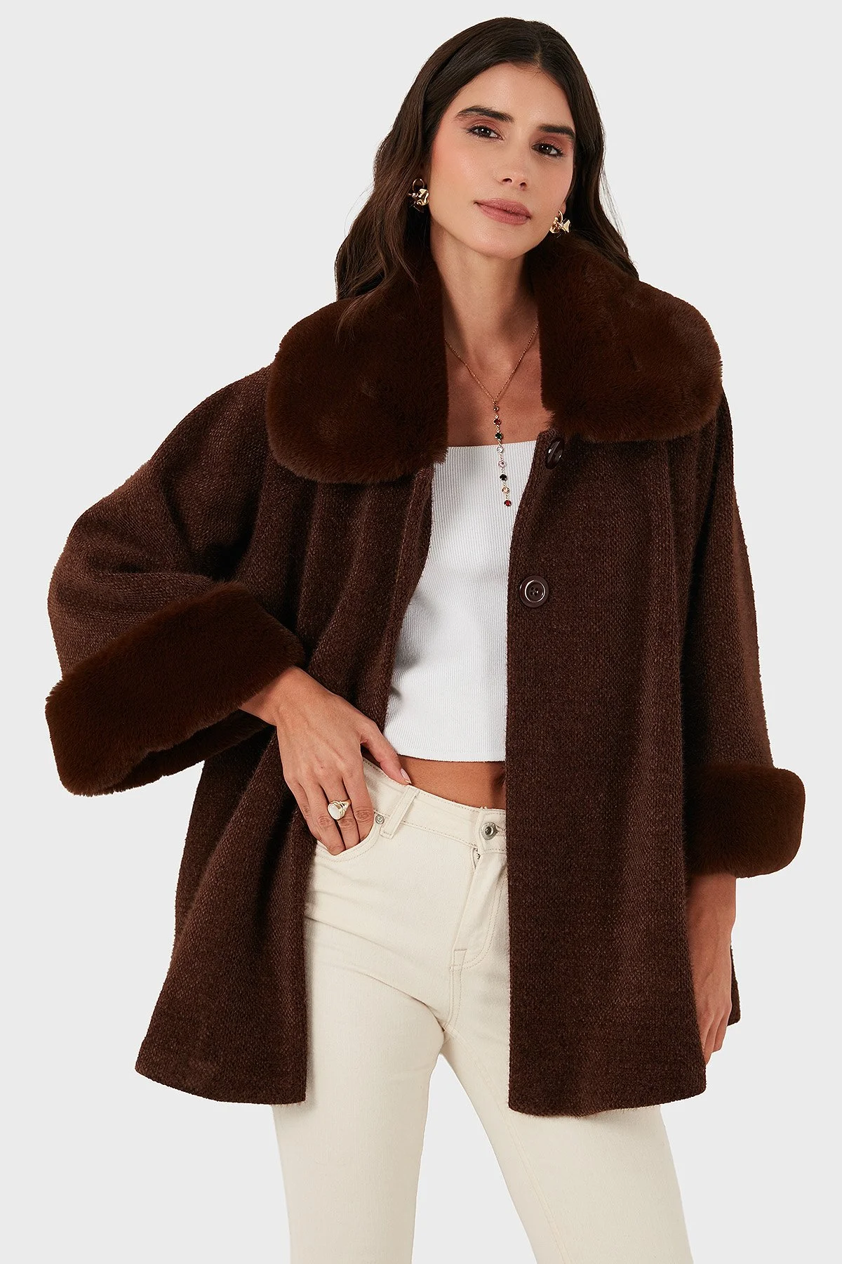 Via Dante Oversize Fit Ceket Yaka Düğmeli Kürk Bayan Mont 6858060 KAHVE - 4