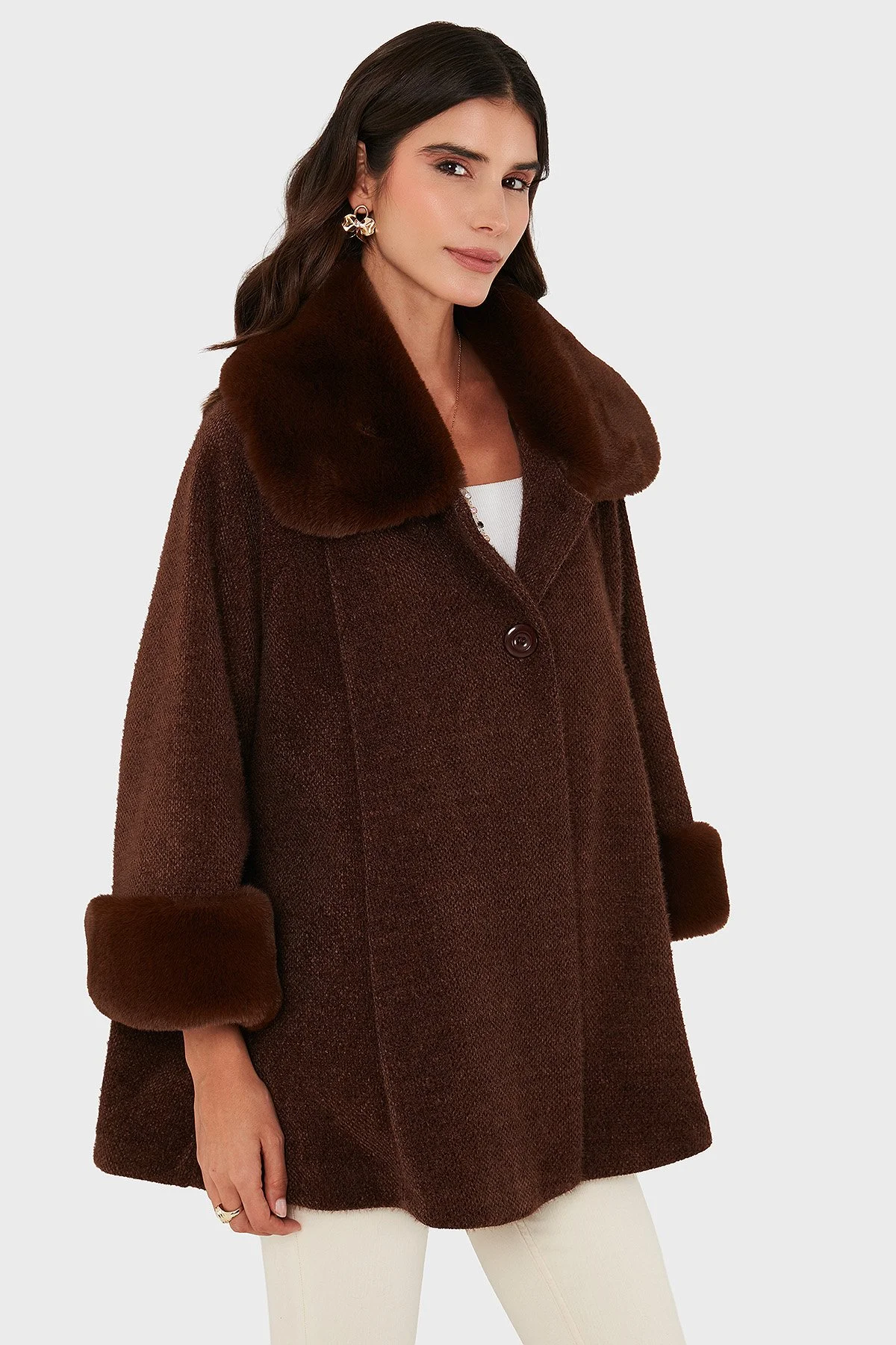 Via Dante Oversize Fit Ceket Yaka Düğmeli Kürk Bayan Mont 6858060 KAHVE - 6