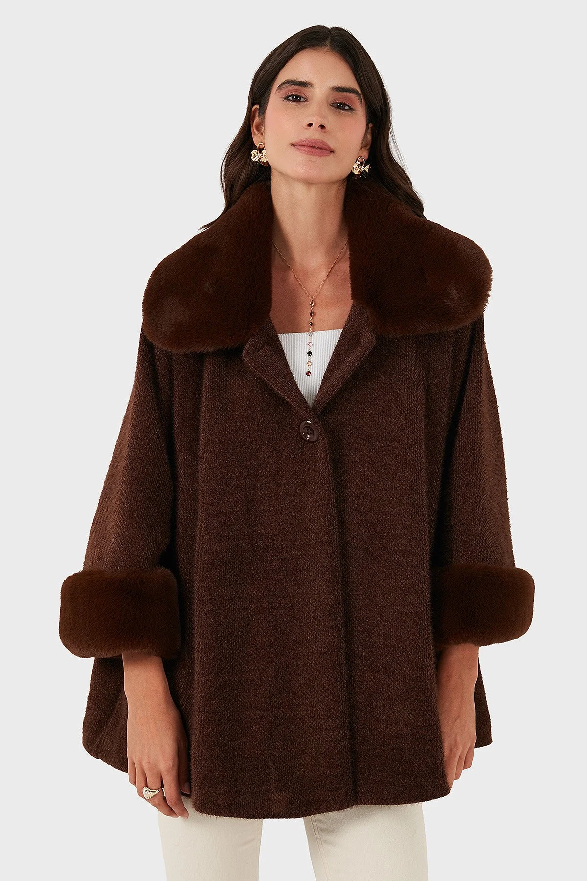 Via Dante Oversize Fit Ceket Yaka Düğmeli Kürk Kadın Mont 6858060 KAHVE - 5