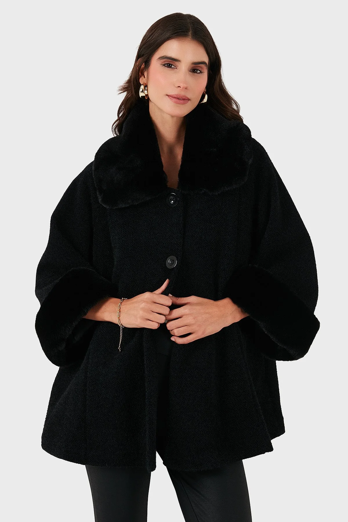 Via Dante Oversize Fit Ceket Yaka Düğmeli Kürk Bayan Mont 6858060 SİYAH - 6