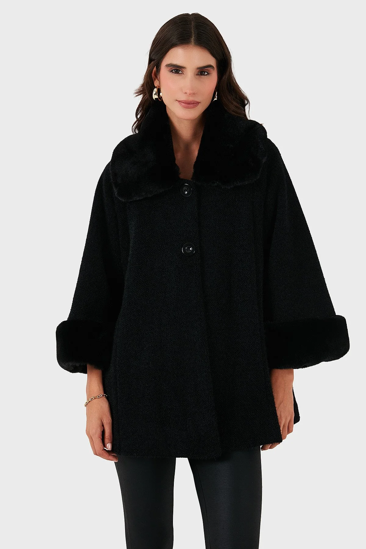 Via Dante Oversize Fit Ceket Yaka Düğmeli Kürk Kadın Mont 6858060 SİYAH - 5