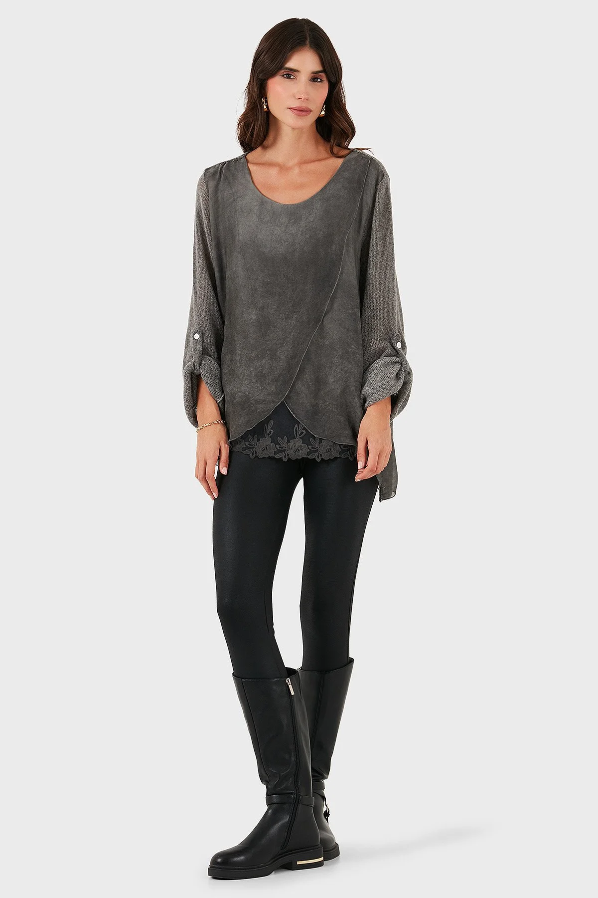 Via Dante Oversize Fit Dantel Detaylı Yuvarlak Yaka Bayan Bluz 690870 ANTRASİT - 2