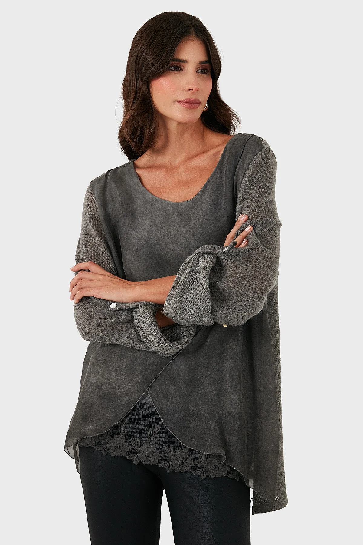 Via Dante Oversize Fit Dantel Detaylı Yuvarlak Yaka Bayan Bluz 690870 ANTRASİT - 5