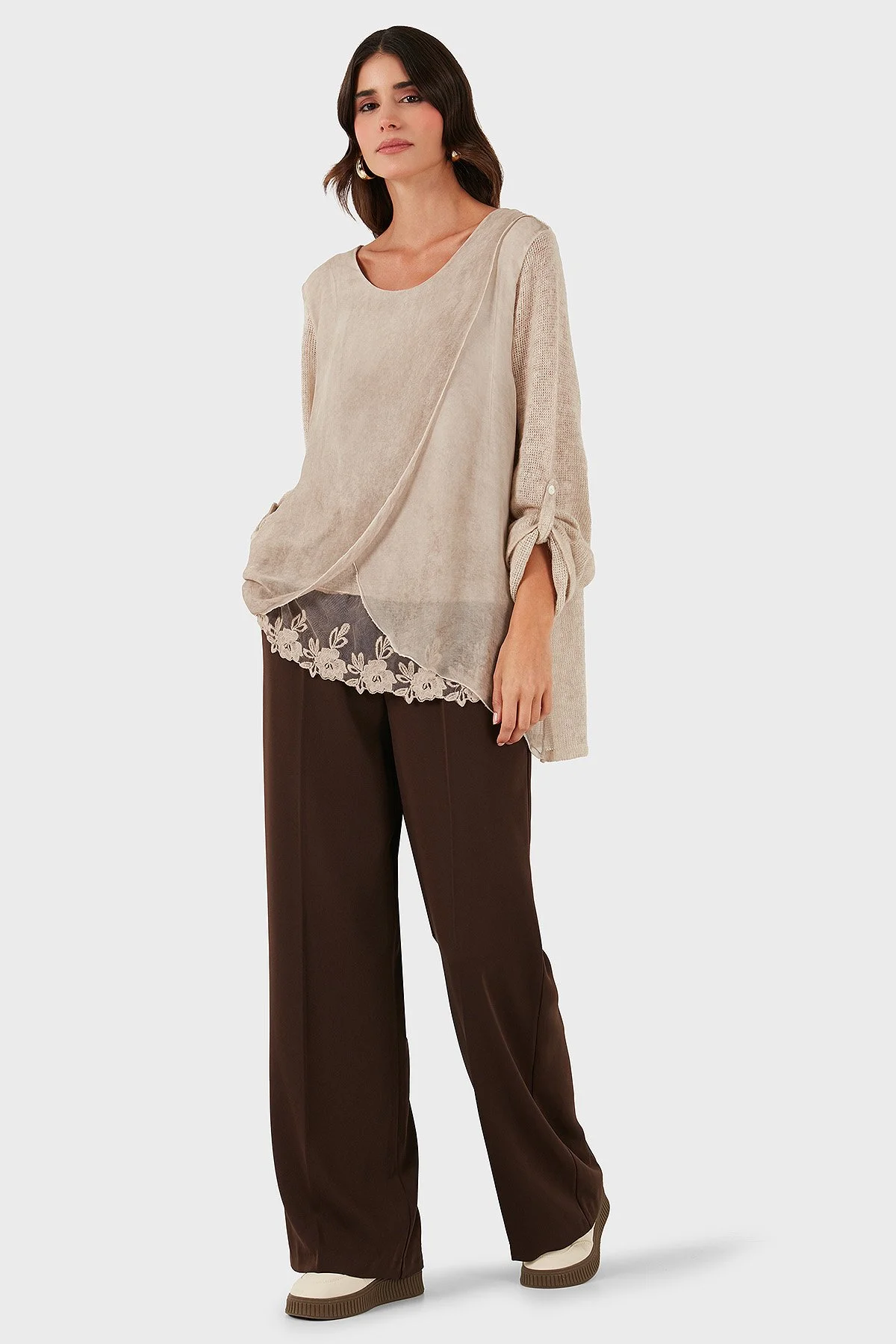 Via Dante Oversize Fit Dantel Detaylı Yuvarlak Yaka Bayan Bluz 690870 BEJ - 2