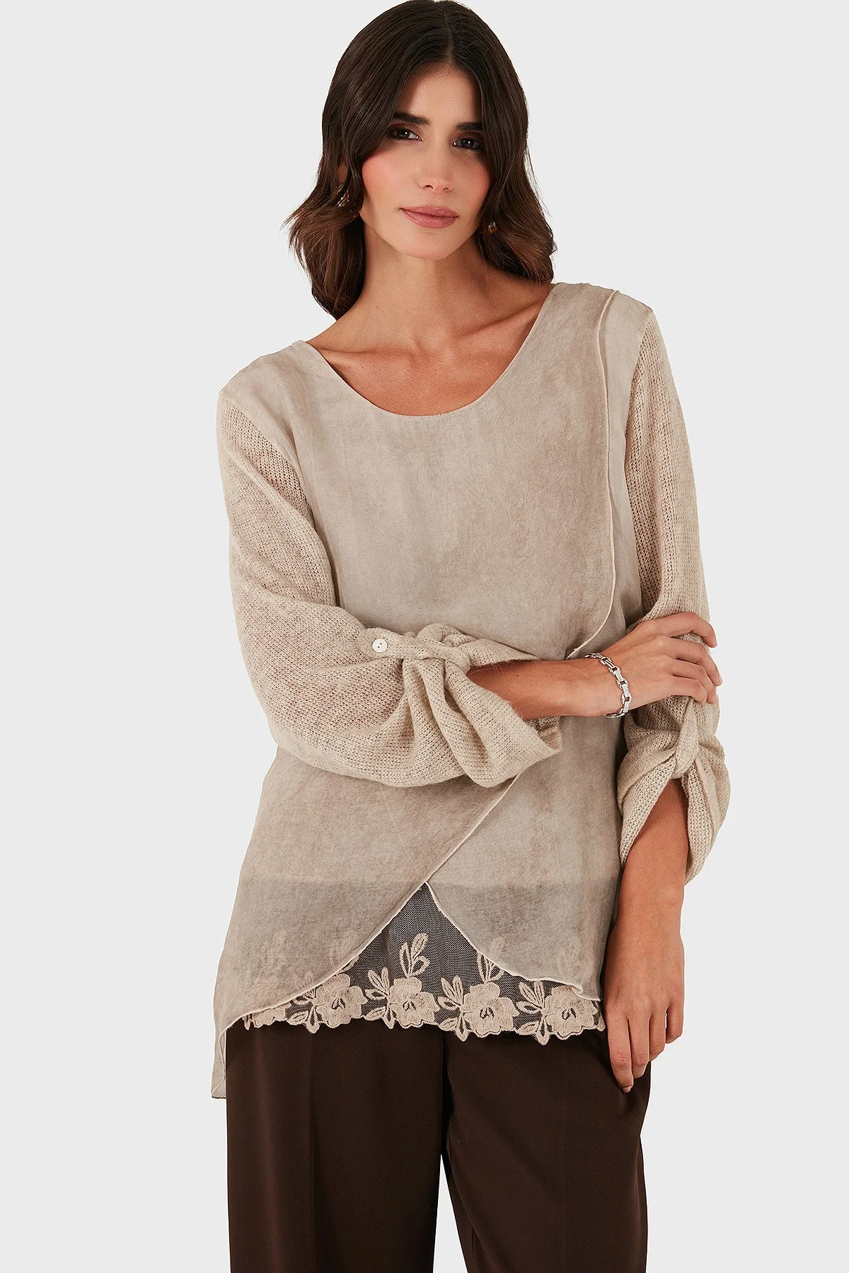 Via Dante Oversize Fit Dantel Detaylı Yuvarlak Yaka Bayan Bluz 690870 BEJ - 5