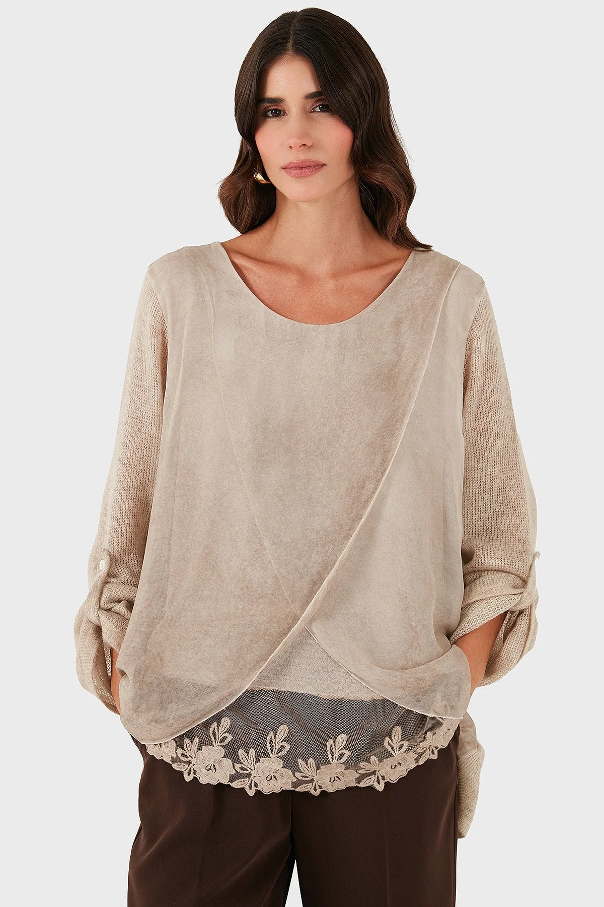 Via Dante Oversize Fit Dantel Detaylı Yuvarlak Yaka Bayan Bluz 690870 BEJ - 6