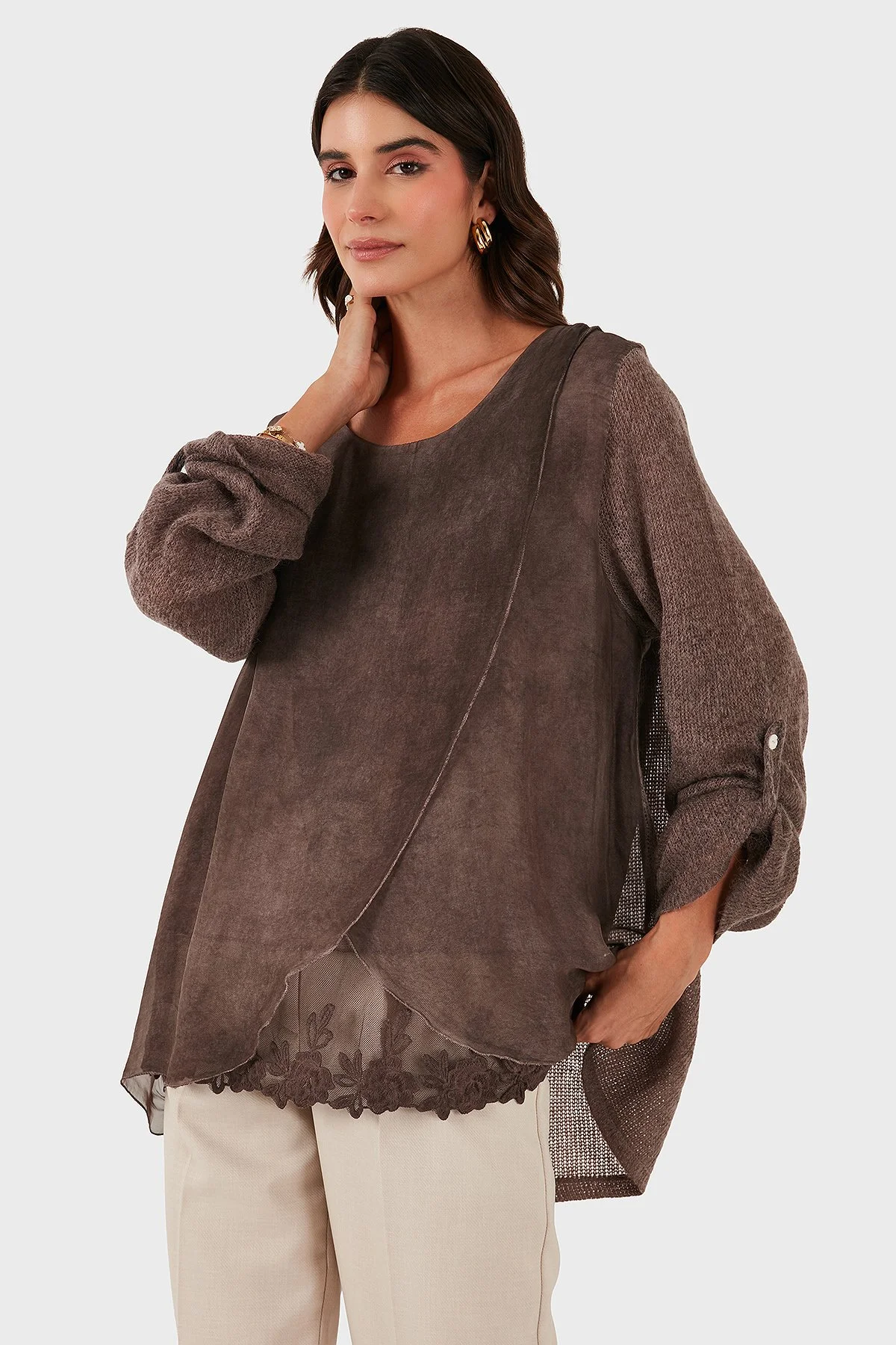 Via Dante Oversize Fit Dantel Detaylı Yuvarlak Yaka Bayan Bluz 690870 GÜL KURUSU - 1