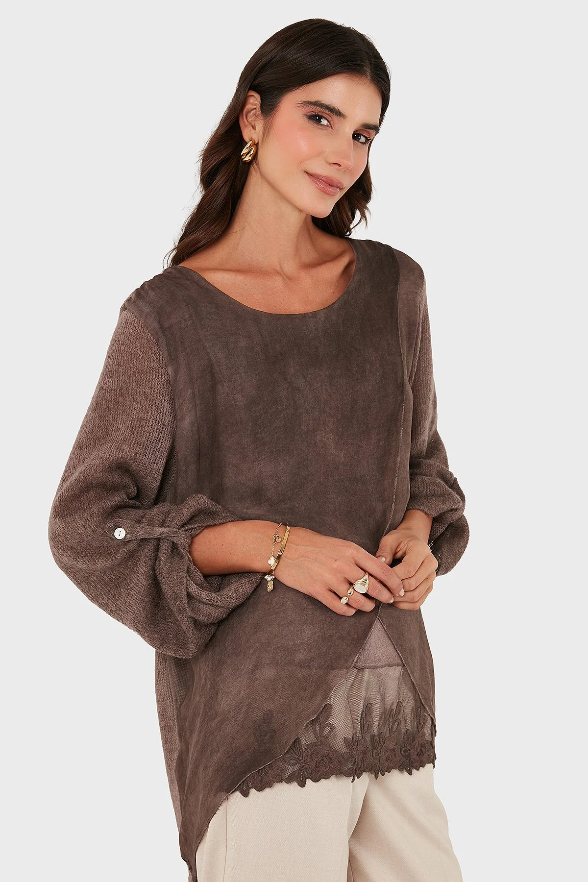 Via Dante Oversize Fit Dantel Detaylı Yuvarlak Yaka Bayan Bluz 690870 GÜL KURUSU - 5