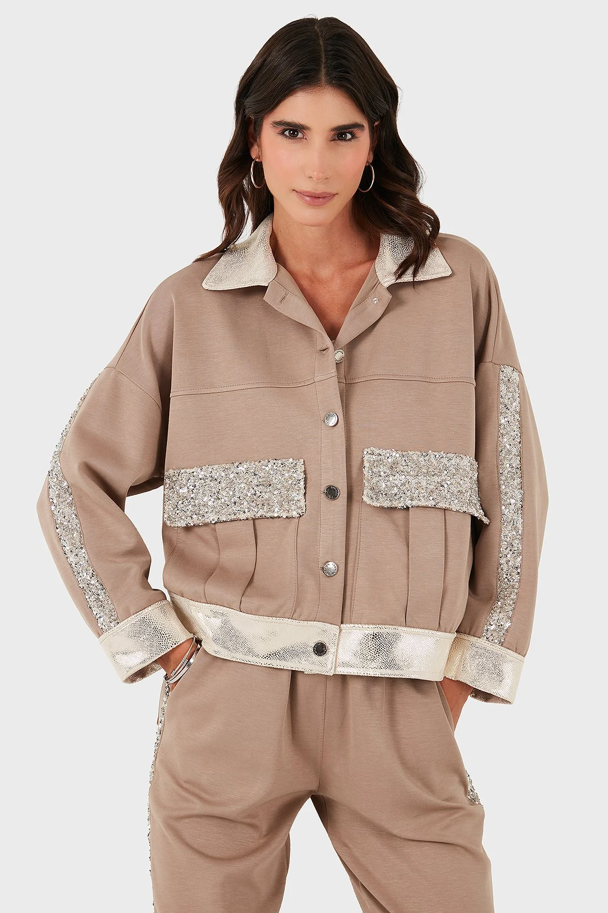 Via Dante Oversize Fit Gömlek Yaka Cep Detaylı Bayan Ceket 69143570 VİZON - 4