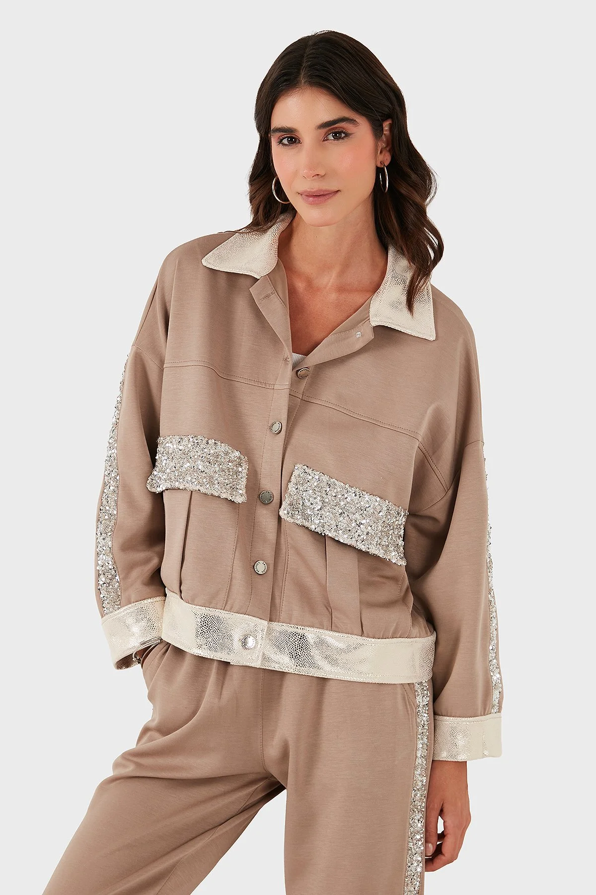 Via Dante Oversize Fit Gömlek Yaka Cep Detaylı Bayan Ceket 69143570 VİZON - 5