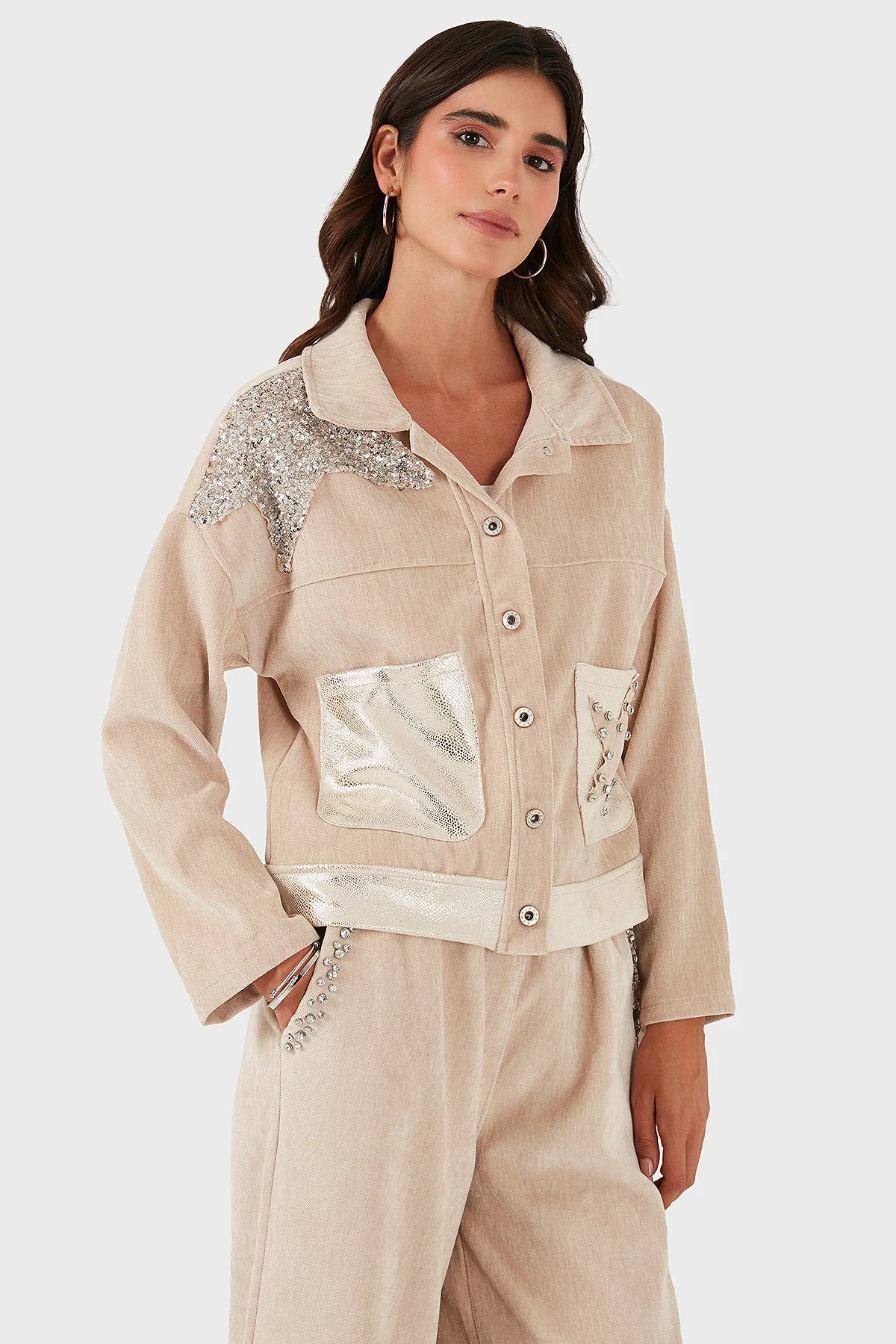 Via Dante Oversize Fit Gömlek Yaka Cep Detaylı Bayan Ceket 69143740 BEJ - 5