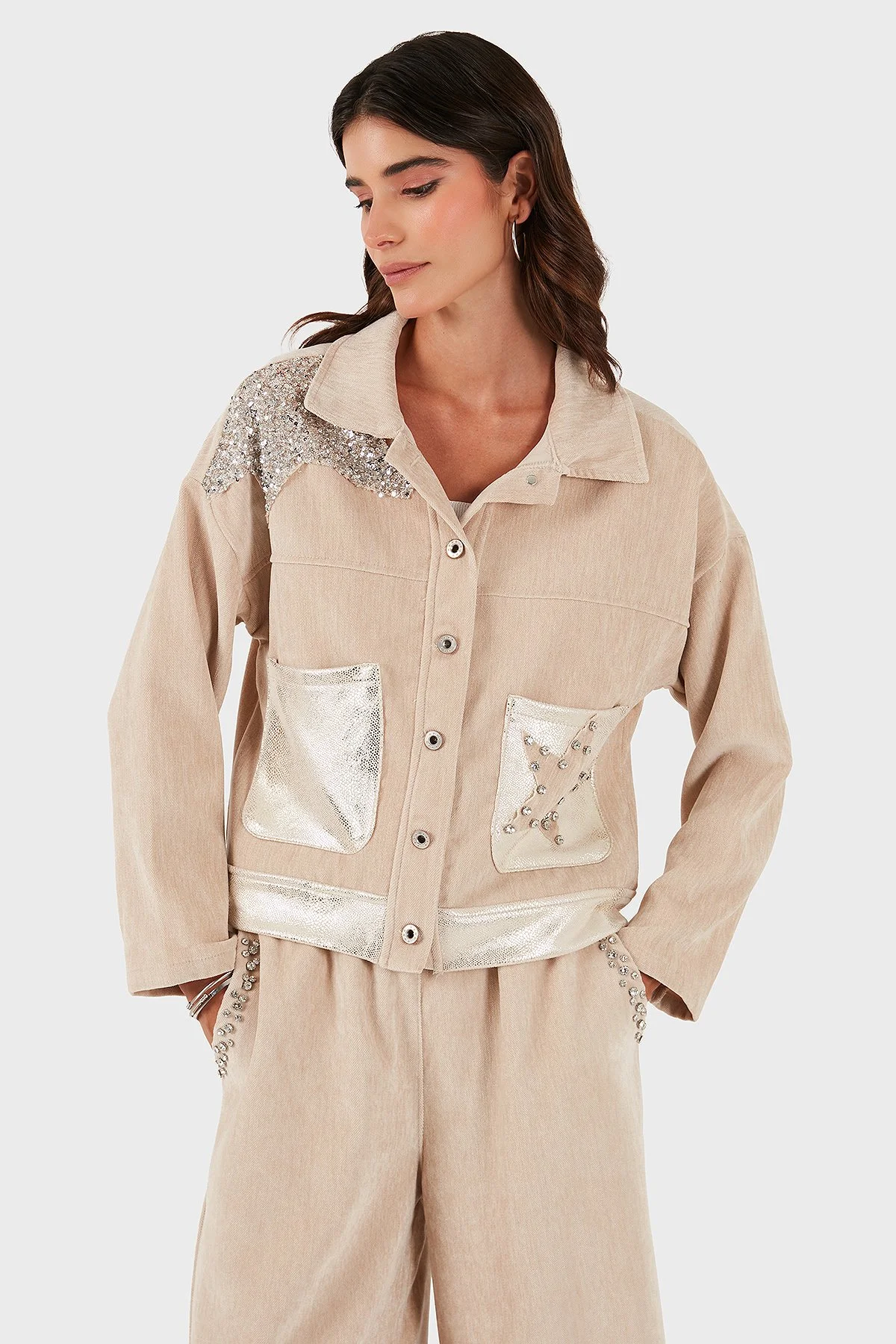 Via Dante Oversize Fit Gömlek Yaka Cep Detaylı Kadın Ceket 69143740 BEJ - 6