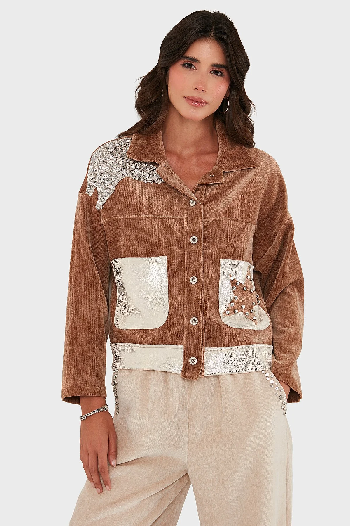 Via Dante Oversize Fit Gömlek Yaka Cep Detaylı Bayan Ceket 69143740 VİZON - 1