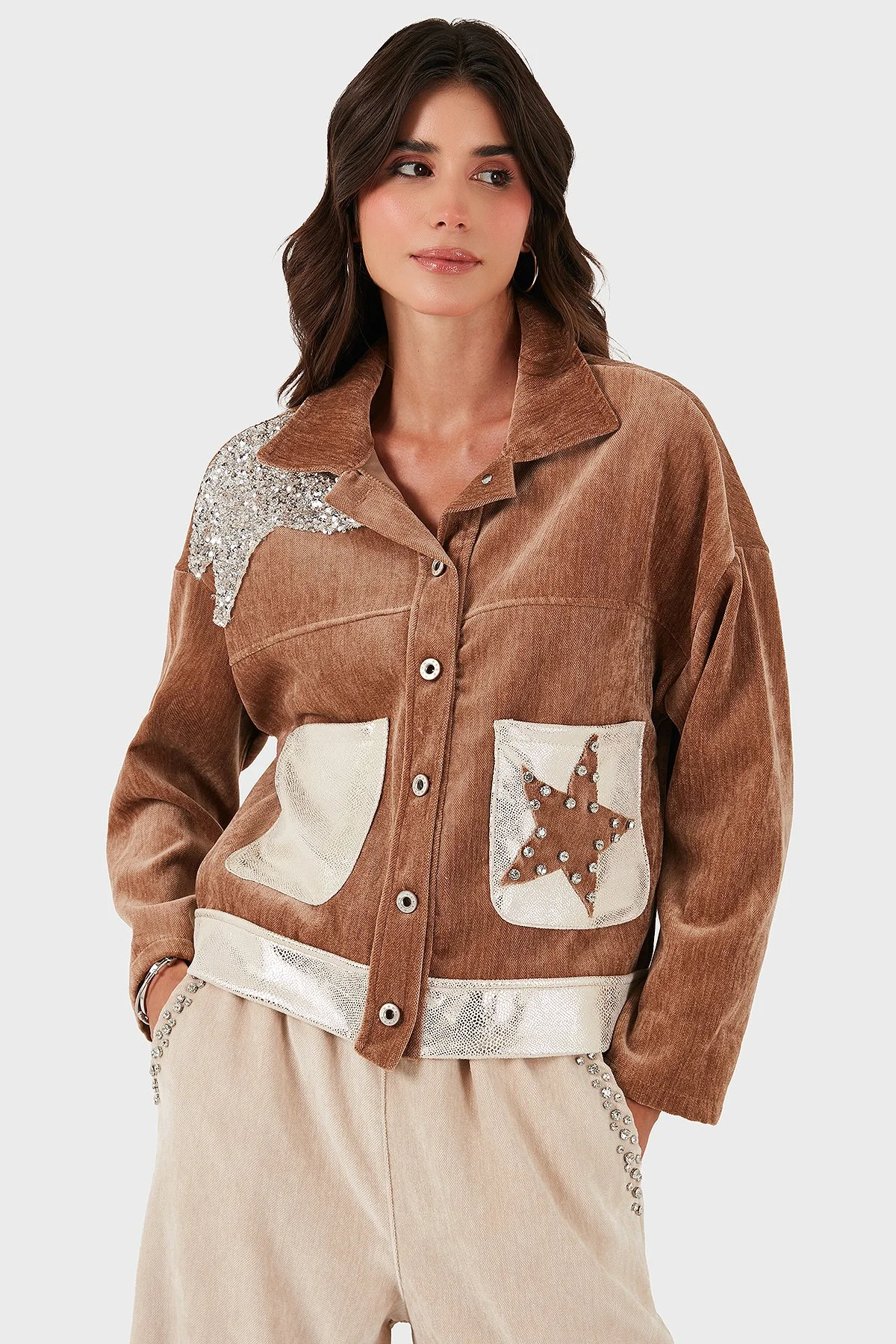 Via Dante Oversize Fit Gömlek Yaka Cep Detaylı Bayan Ceket 69143740 VİZON - 4