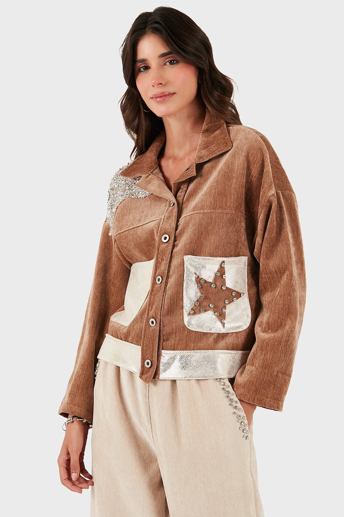 Via Dante Oversize Fit Gömlek Yaka Cep Detaylı Bayan Ceket 69143740 VİZON - 5