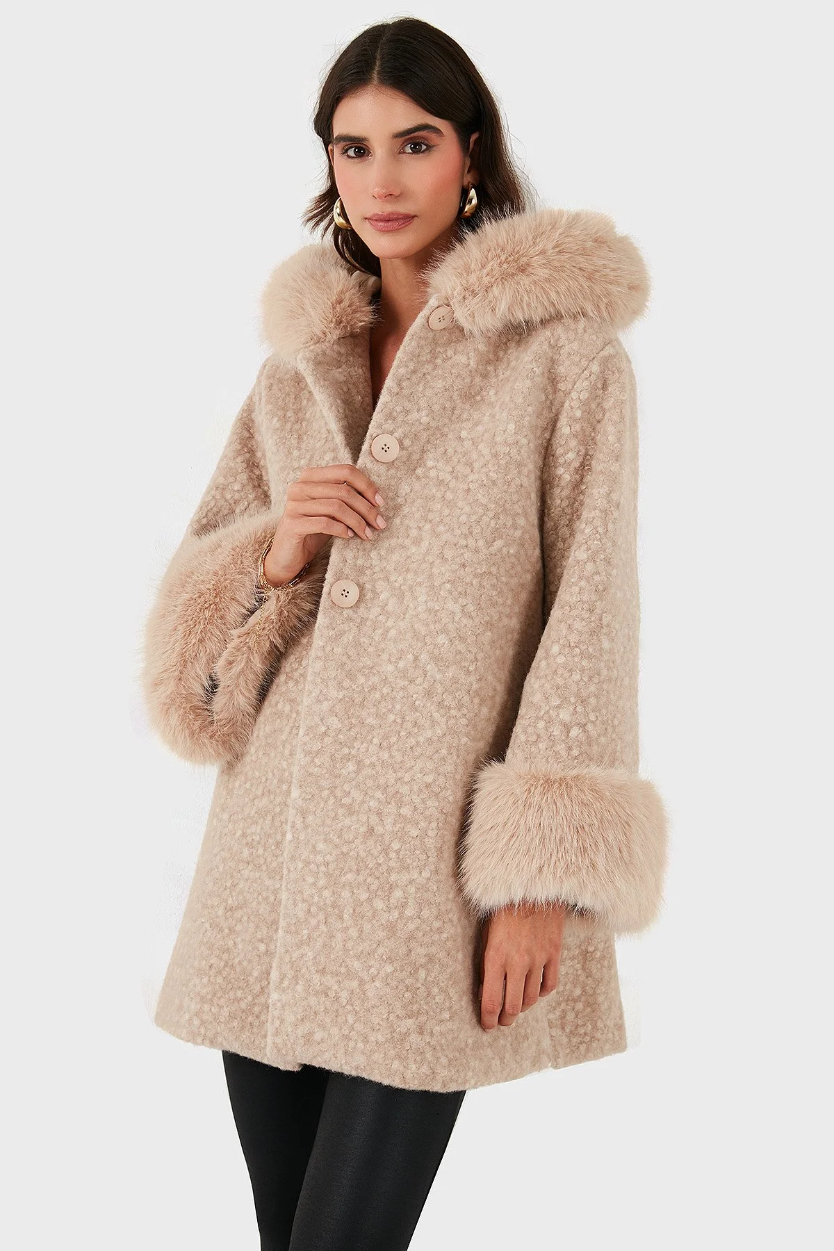 Via Dante Oversize Fit Kapüşonlu Yumuşak Tüy Detaylı Kadın Mont 690891 BEJ - 1