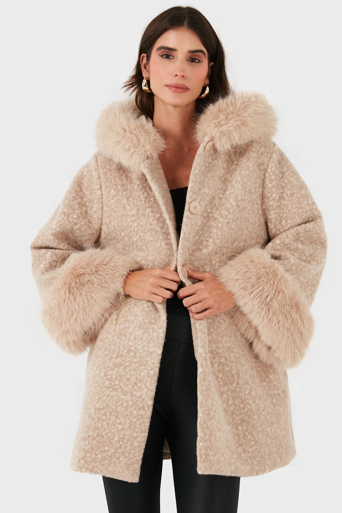 Via Dante Oversize Fit Kapüşonlu Yumuşak Tüy Detaylı Kadın Mont 690891 BEJ - 4