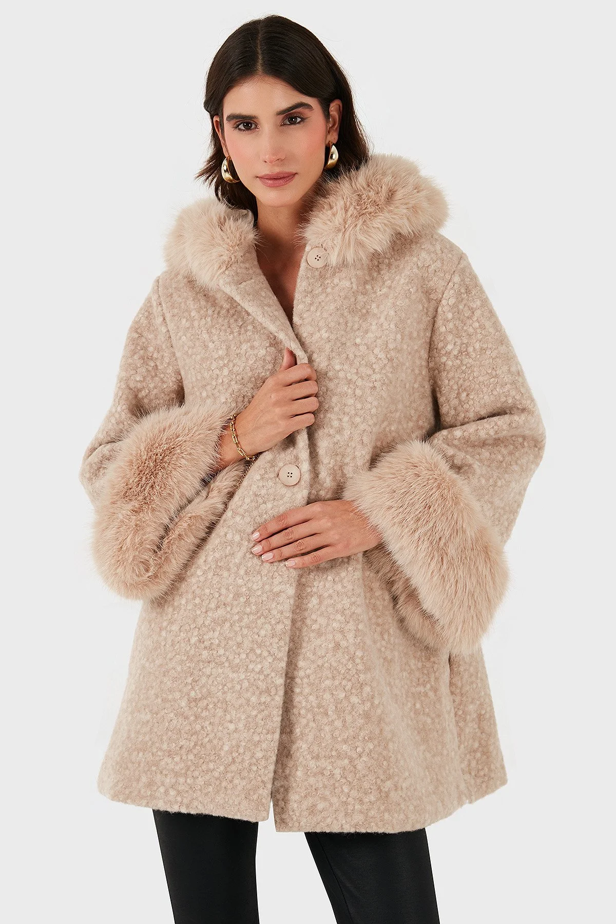 Via Dante Oversize Fit Kapüşonlu Yumuşak Tüy Detaylı Kadın Mont 690891 BEJ - 6