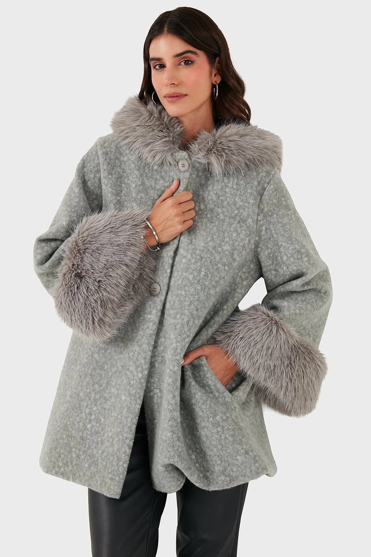 Via Dante Oversize Fit Kapüşonlu Yumuşak Tüy Detaylı Bayan Mont 690891 GRİ - 7