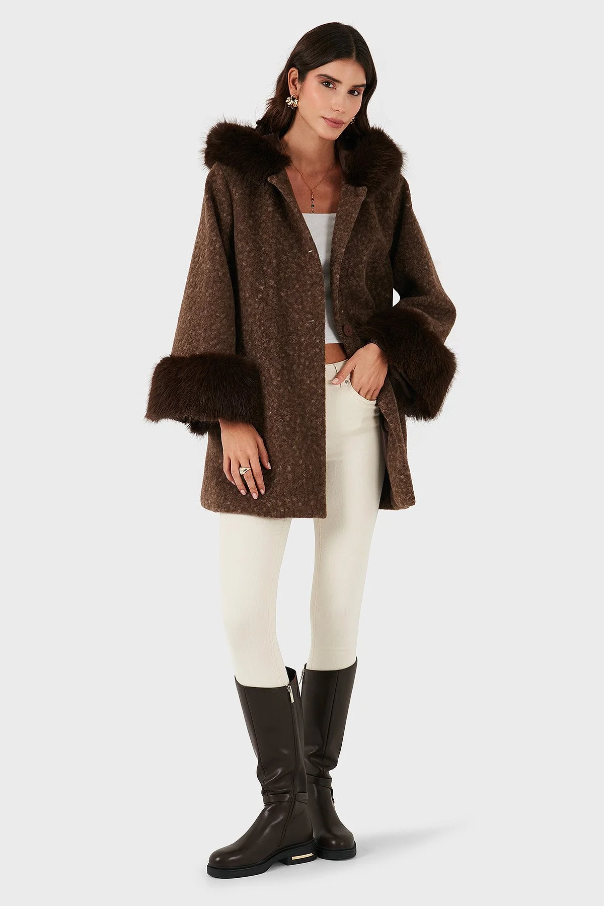 Via Dante Oversize Fit Kapüşonlu Yumuşak Tüy Detaylı Bayan Mont 690891 KAHVE - 1