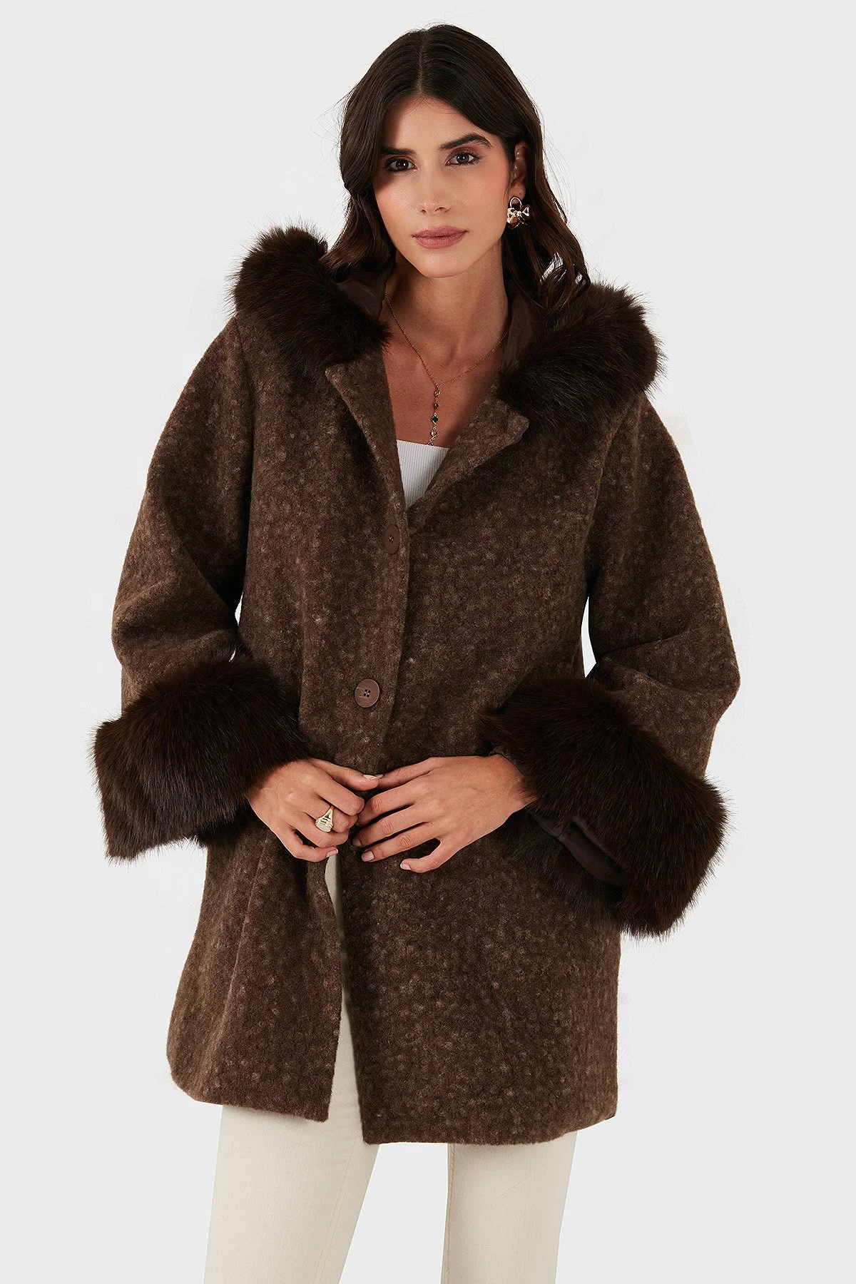 Via Dante Oversize Fit Kapüşonlu Yumuşak Tüy Detaylı Bayan Mont 690891 KAHVE - 6