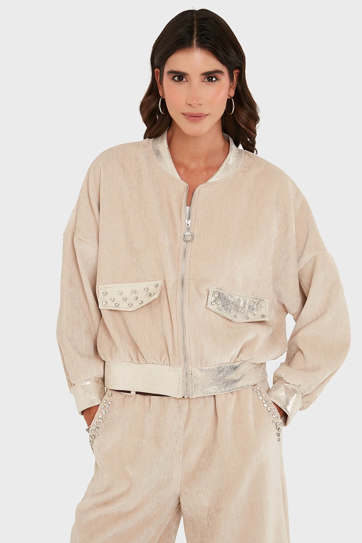 Via Dante Oversize Fit Kolej Yaka Fermuarlı Bayan Ceket 69143940 BEJ - 1