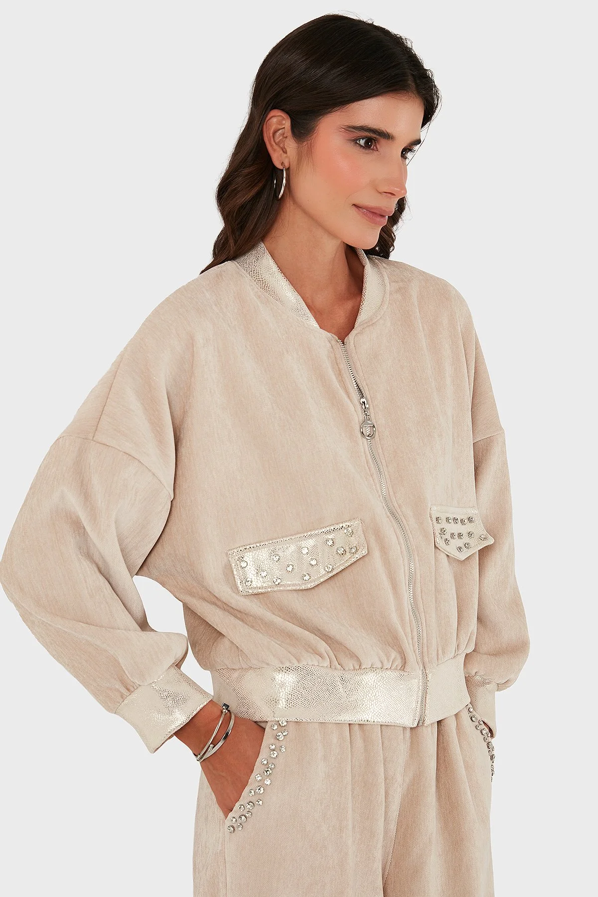 Via Dante Oversize Fit Kolej Yaka Fermuarlı Kadın Ceket 69143940 BEJ - 4