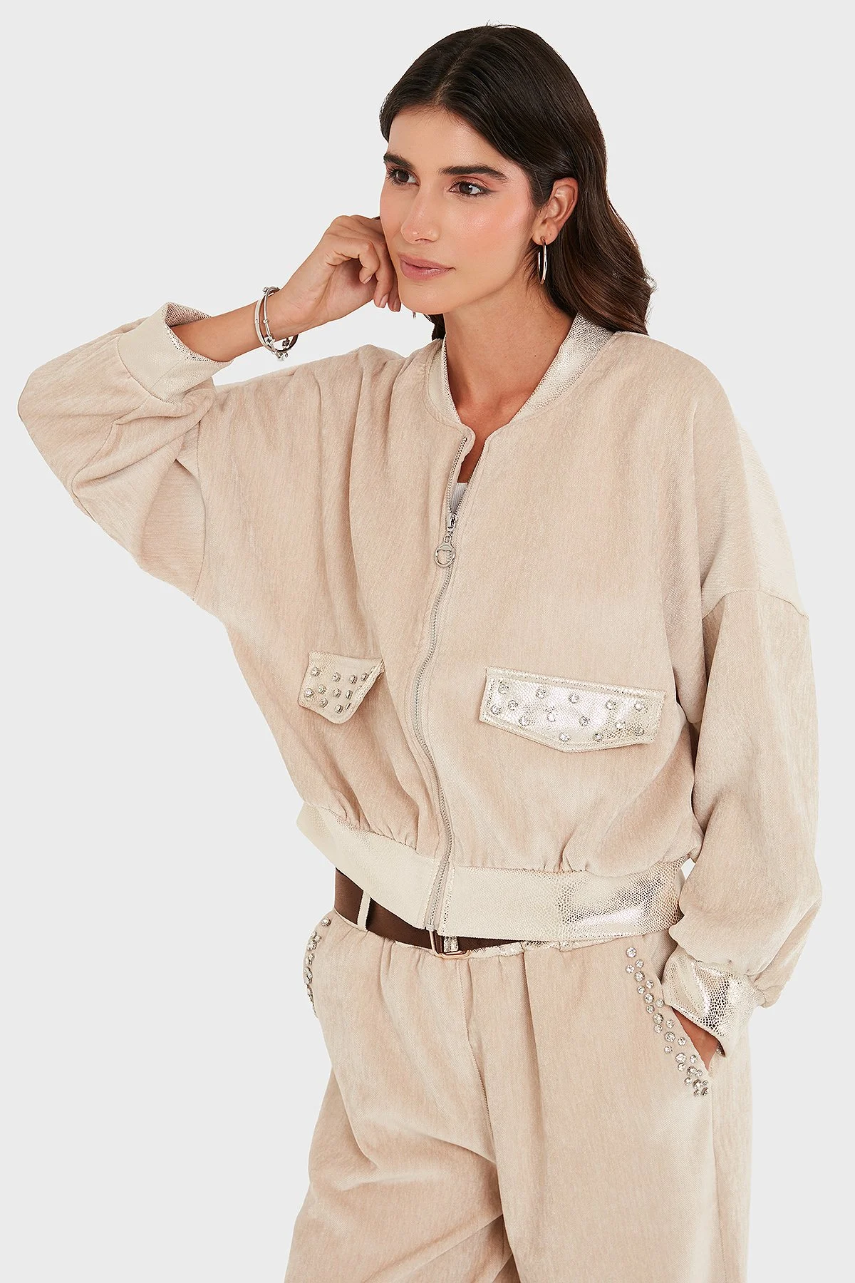 Via Dante Oversize Fit Kolej Yaka Fermuarlı Kadın Ceket 69143940 BEJ - 5