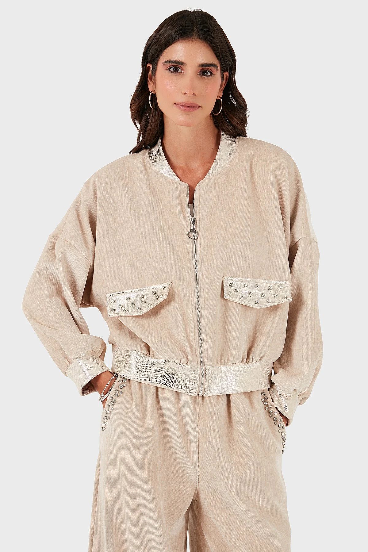 Via Dante Oversize Fit Kolej Yaka Fermuarlı Kadın Ceket 69143940 BEJ - 6