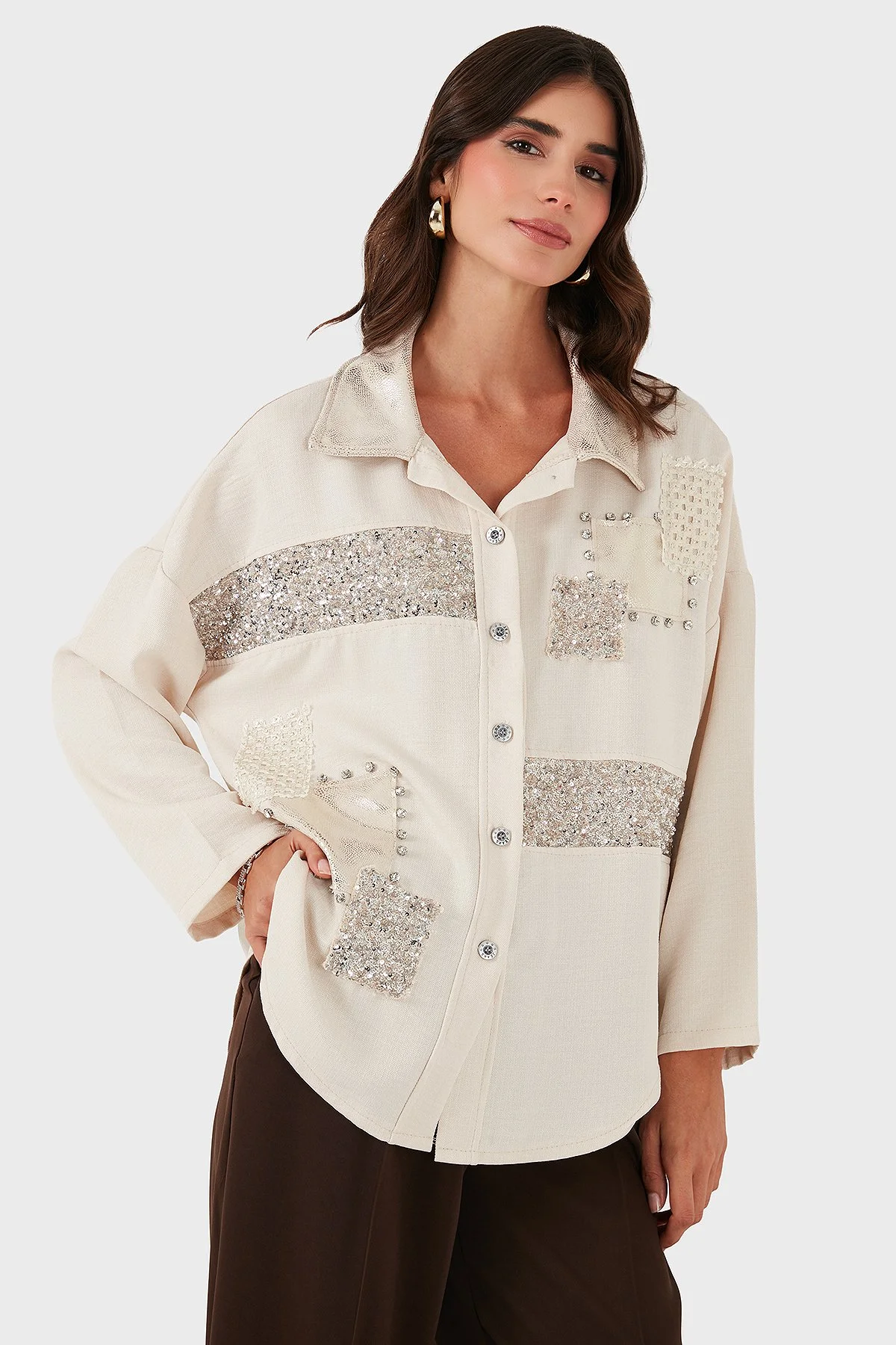 Via Dante Oversize Fit Pul Detaylı Uzun Kollu Bayan Gömlek 69143120 BEJ - 1