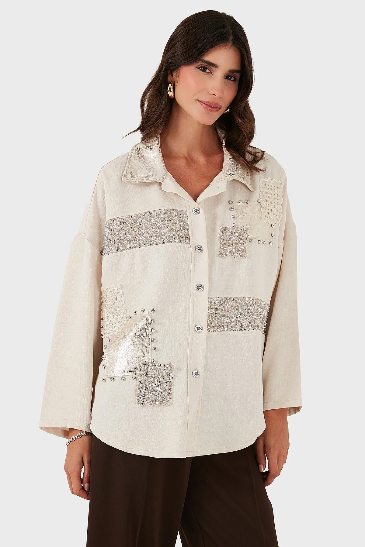 Via Dante Oversize Fit Pul Detaylı Uzun Kollu Bayan Gömlek 69143120 BEJ - 4