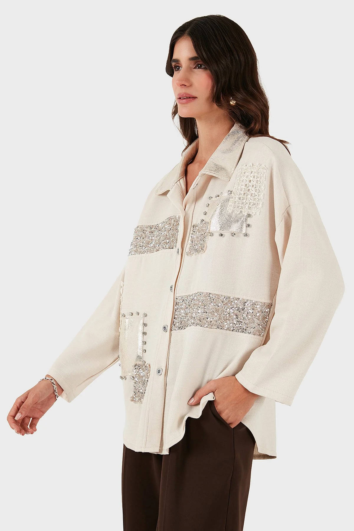 Via Dante Oversize Fit Pul Detaylı Uzun Kollu Kadın Gömlek 69143120 BEJ - 5