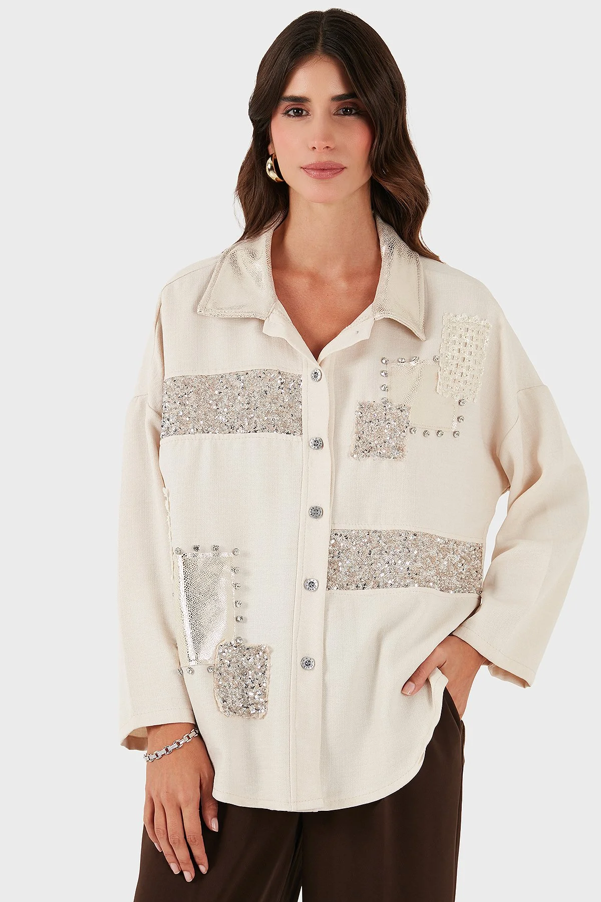 Via Dante Oversize Fit Pul Detaylı Uzun Kollu Kadın Gömlek 69143120 BEJ - 6