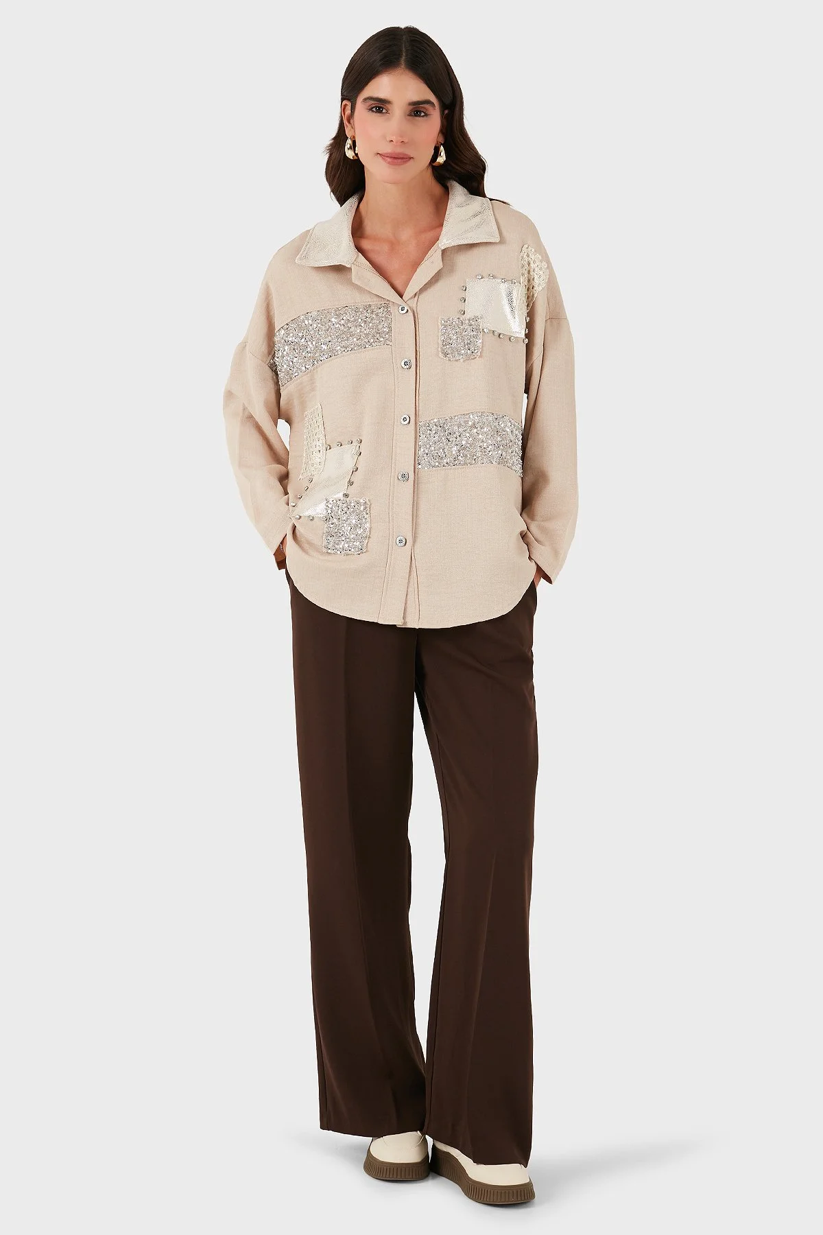 Via Dante Oversize Fit Pul Detaylı Uzun Kollu Kadın Gömlek 69143120 CAMEL - 2