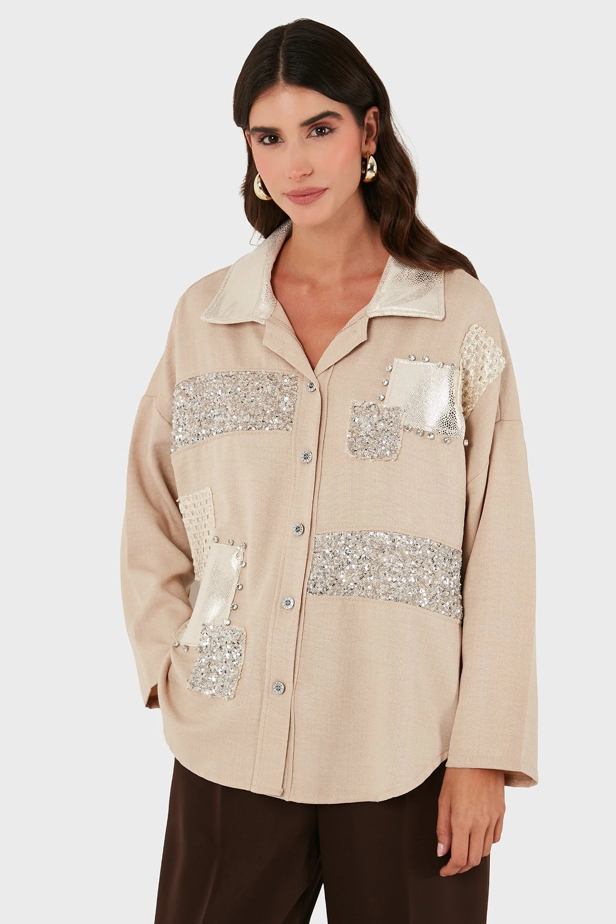 Via Dante Oversize Fit Pul Detaylı Uzun Kollu Kadın Gömlek 69143120 CAMEL - 4
