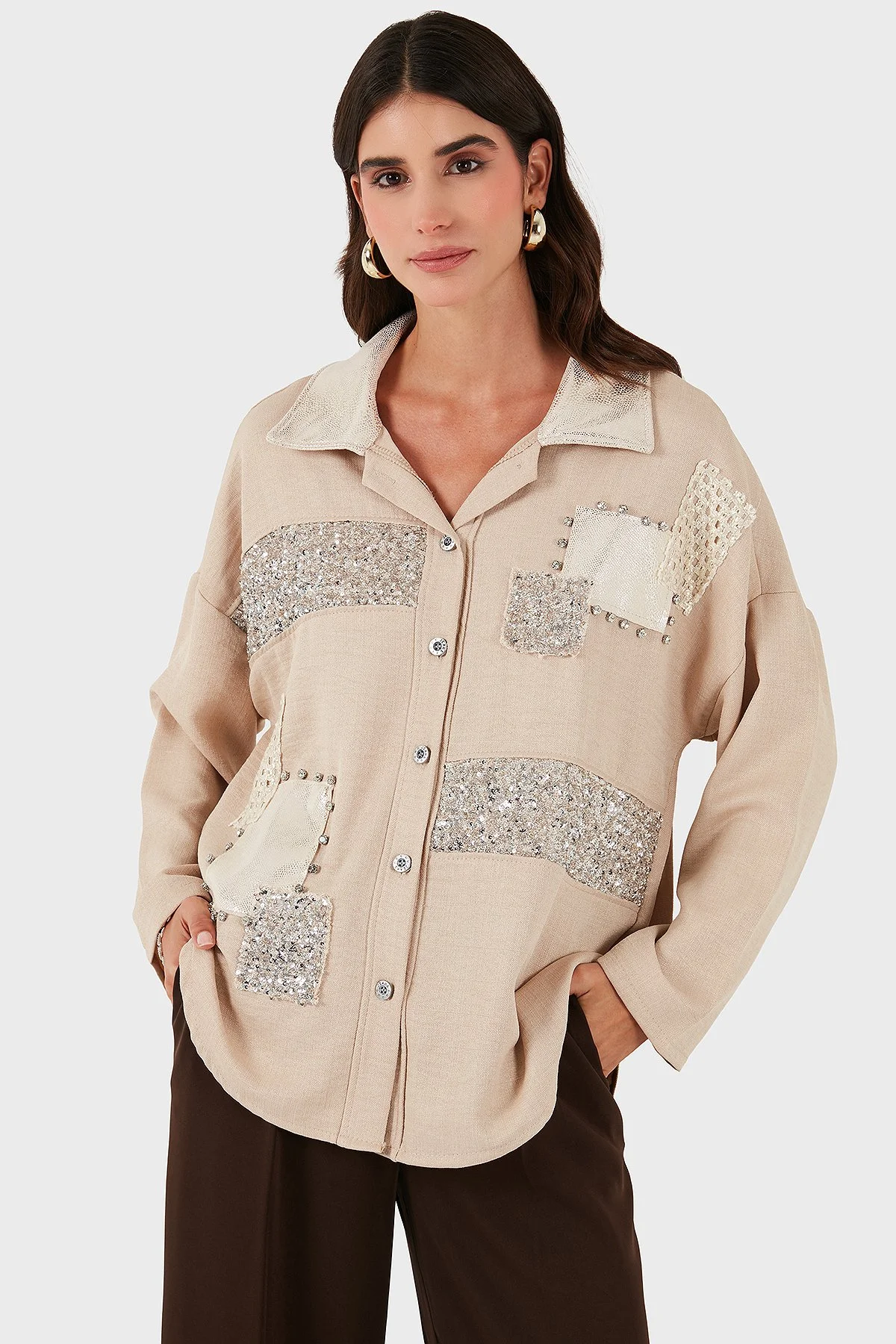 Via Dante Oversize Fit Pul Detaylı Uzun Kollu Kadın Gömlek 69143120 CAMEL - 5