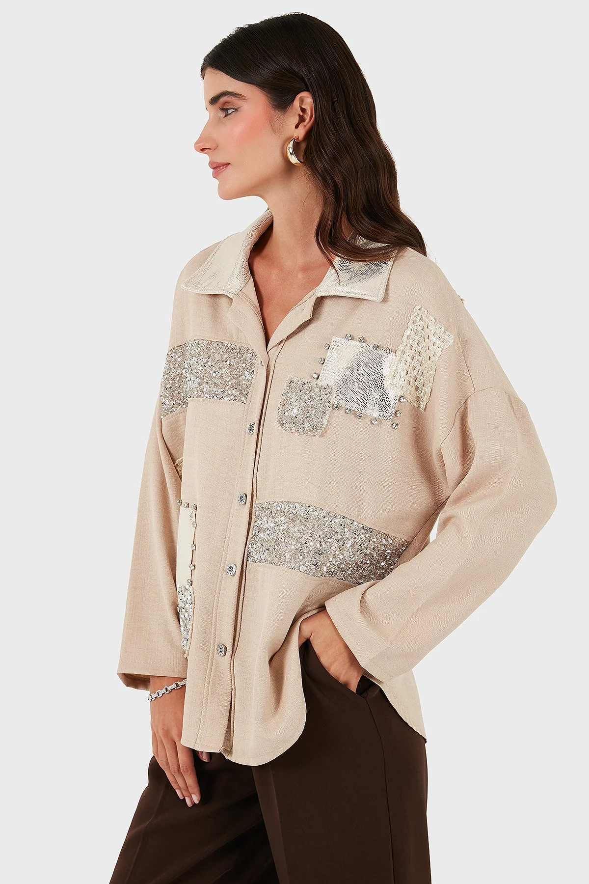 Via Dante Oversize Fit Pul Detaylı Uzun Kollu Kadın Gömlek 69143120 CAMEL - 6