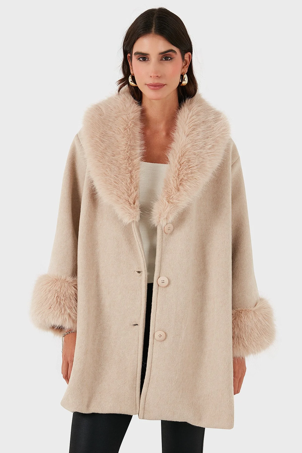 Via Dante Oversize Fit Şal Yaka Kürk Detaylı Astarlı Bayan Mont 690852 BEJ - 2