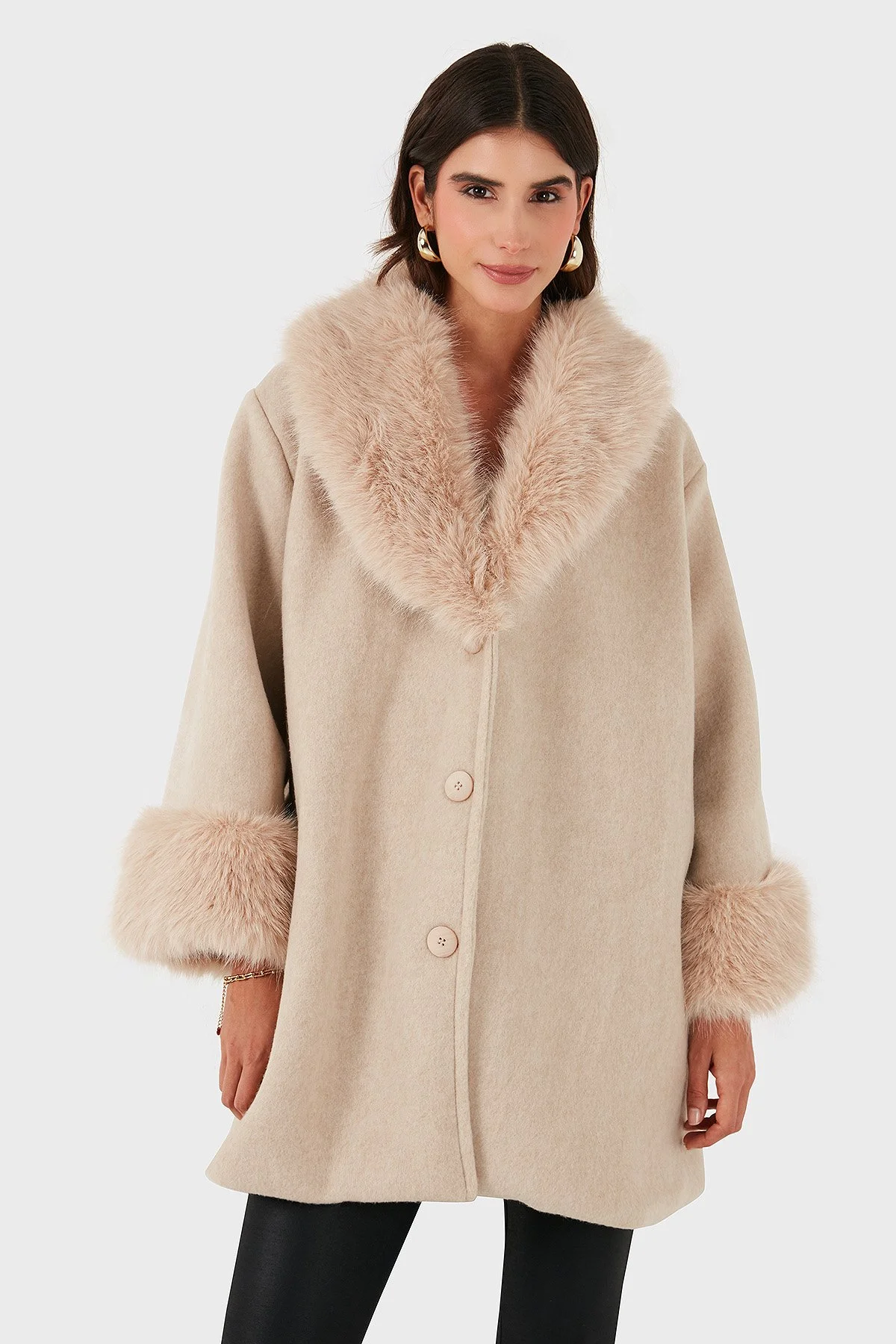Via Dante Oversize Fit Şal Yaka Kürk Detaylı Astarlı Kadın Mont 690852 BEJ - 4