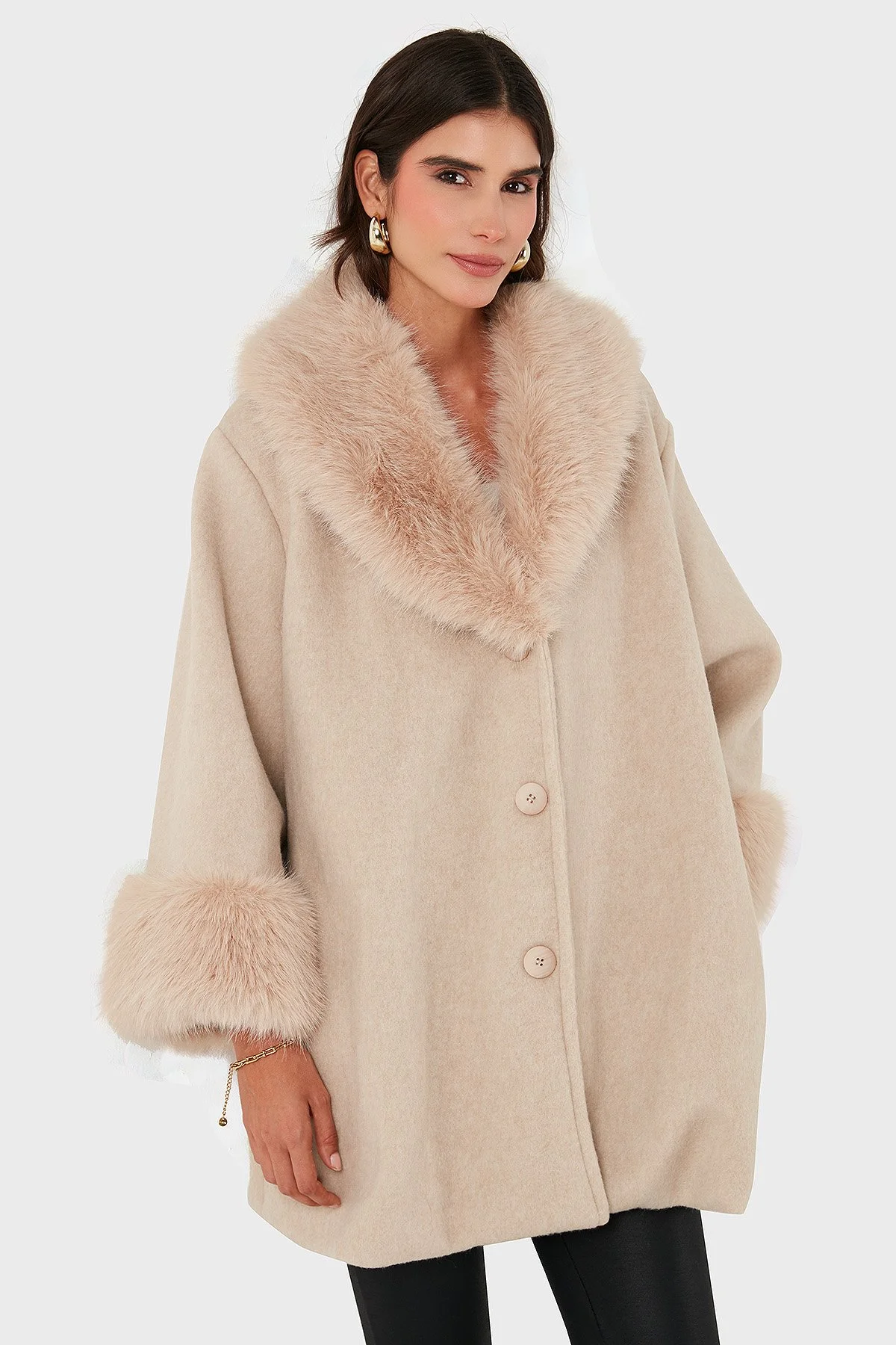 Via Dante Oversize Fit Şal Yaka Kürk Detaylı Astarlı Kadın Mont 690852 BEJ - 5