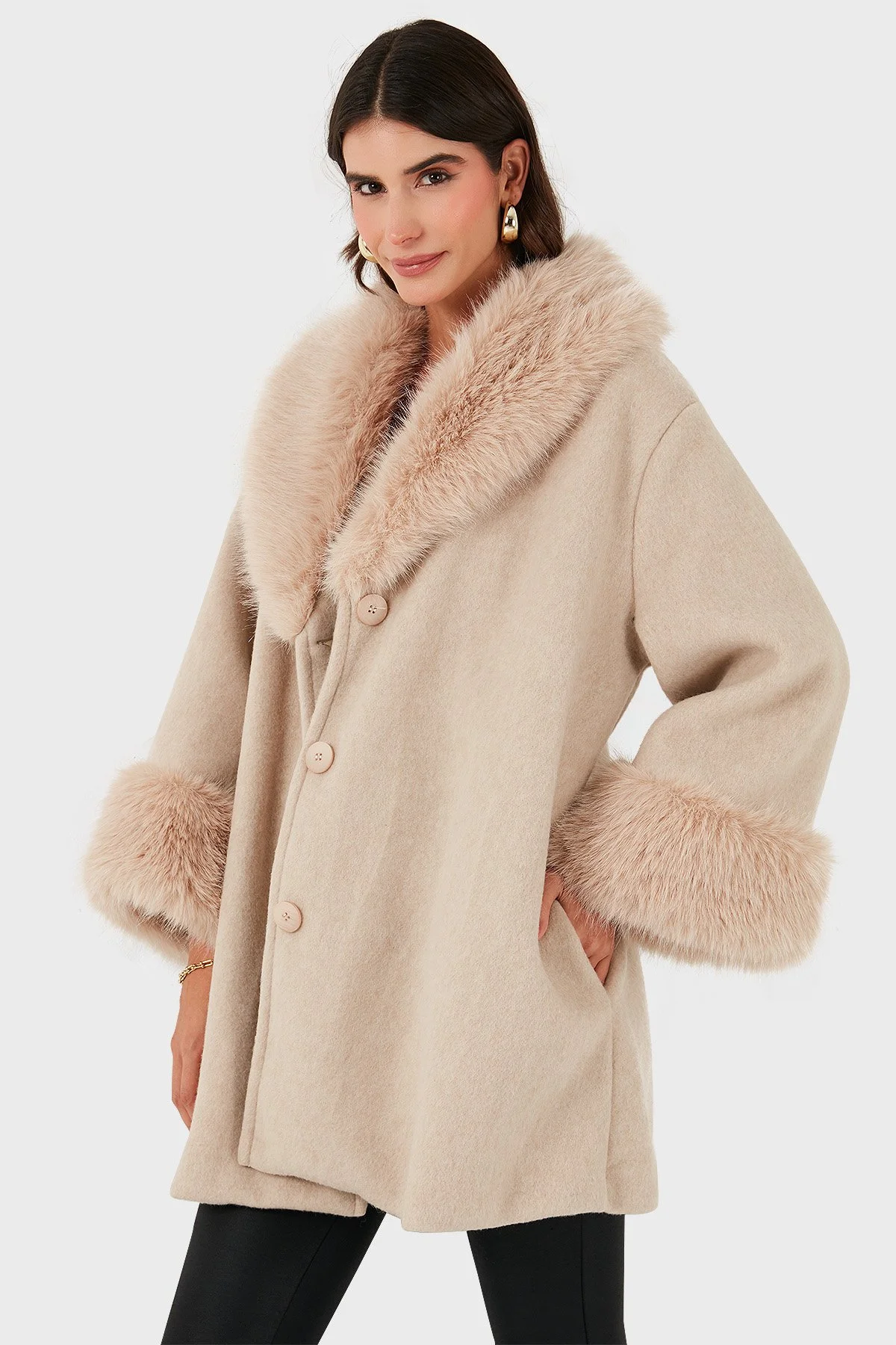Via Dante Oversize Fit Şal Yaka Kürk Detaylı Astarlı Kadın Mont 690852 BEJ - 6