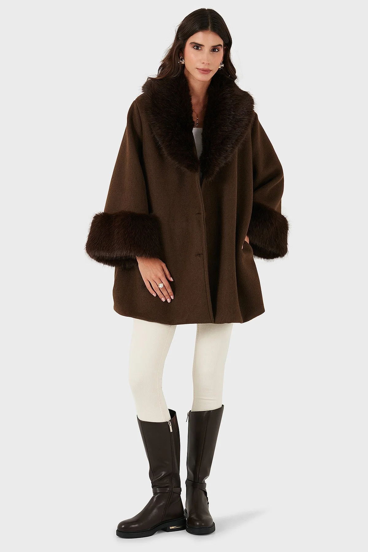 Via Dante Oversize Fit Şal Yaka Kürk Detaylı Astarlı Bayan Mont 690852 KAHVE - 1