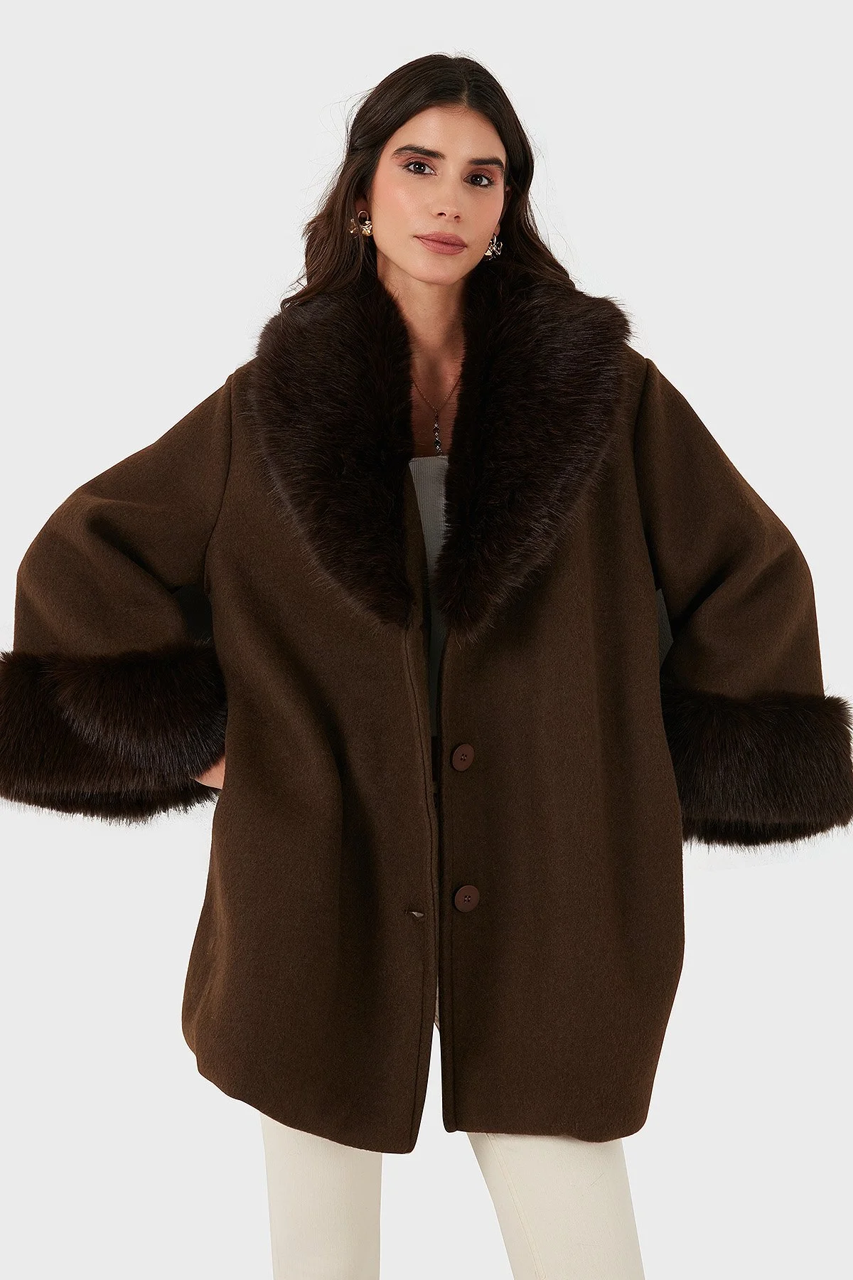 Via Dante Oversize Fit Şal Yaka Kürk Detaylı Astarlı Bayan Mont 690852 KAHVE - 2