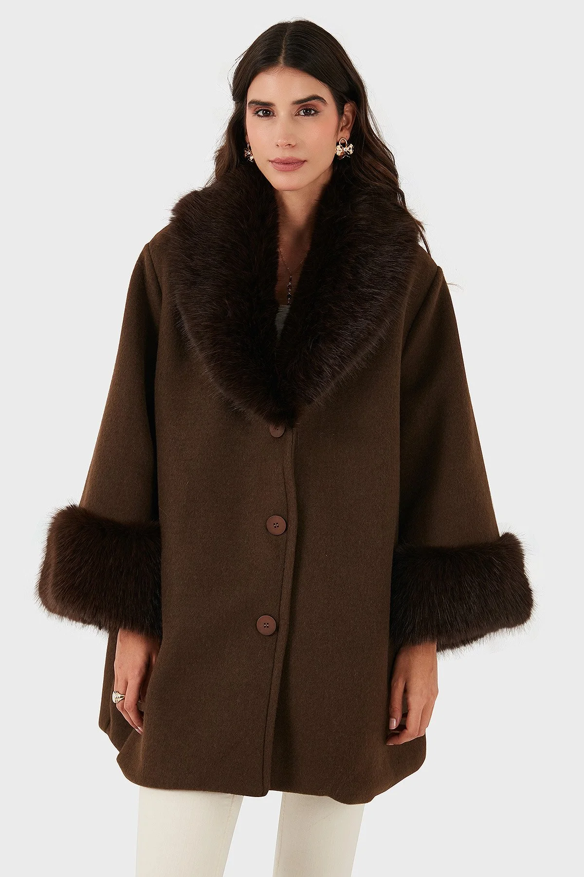 Via Dante Oversize Fit Şal Yaka Kürk Detaylı Astarlı Bayan Mont 690852 KAHVE - 4