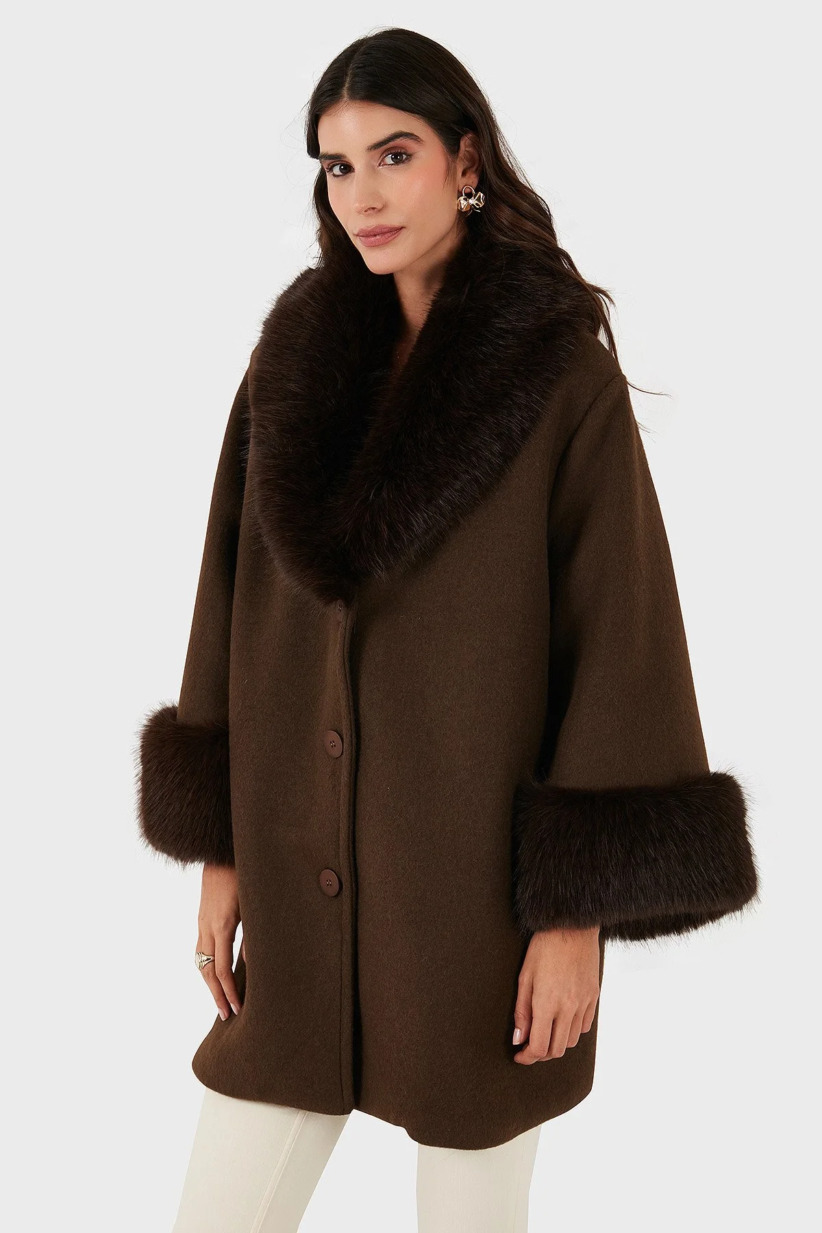 Via Dante Oversize Fit Şal Yaka Kürk Detaylı Astarlı Bayan Mont 690852 KAHVE - 5