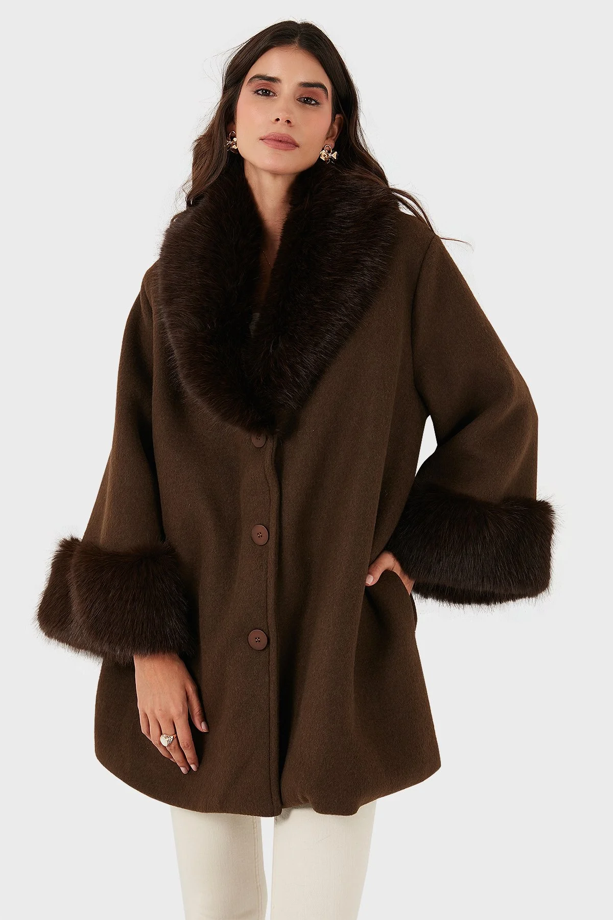 Via Dante Oversize Fit Şal Yaka Kürk Detaylı Astarlı Bayan Mont 690852 KAHVE - 6