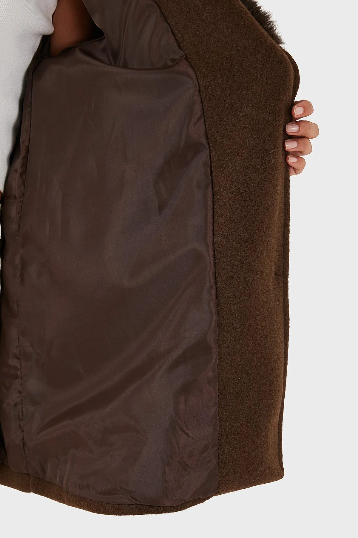 Via Dante Oversize Fit Şal Yaka Kürk Detaylı Astarlı Bayan Mont 690852 KAHVE - 7